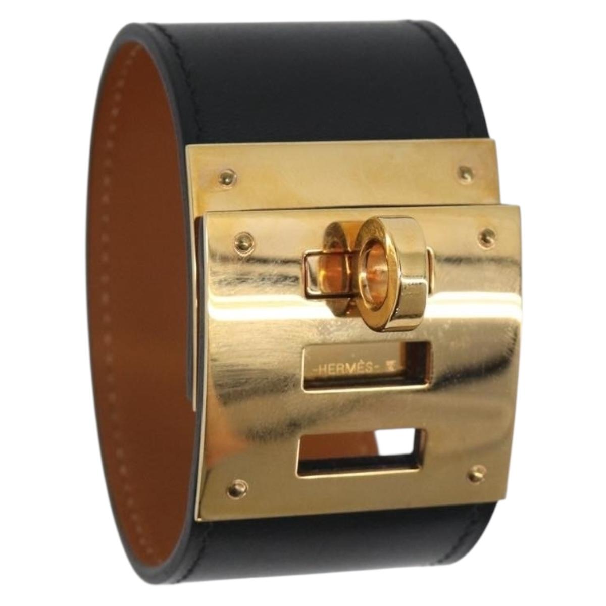 HERMES Kelly Dog Bracelet Leather Black Gold Auth 196673V