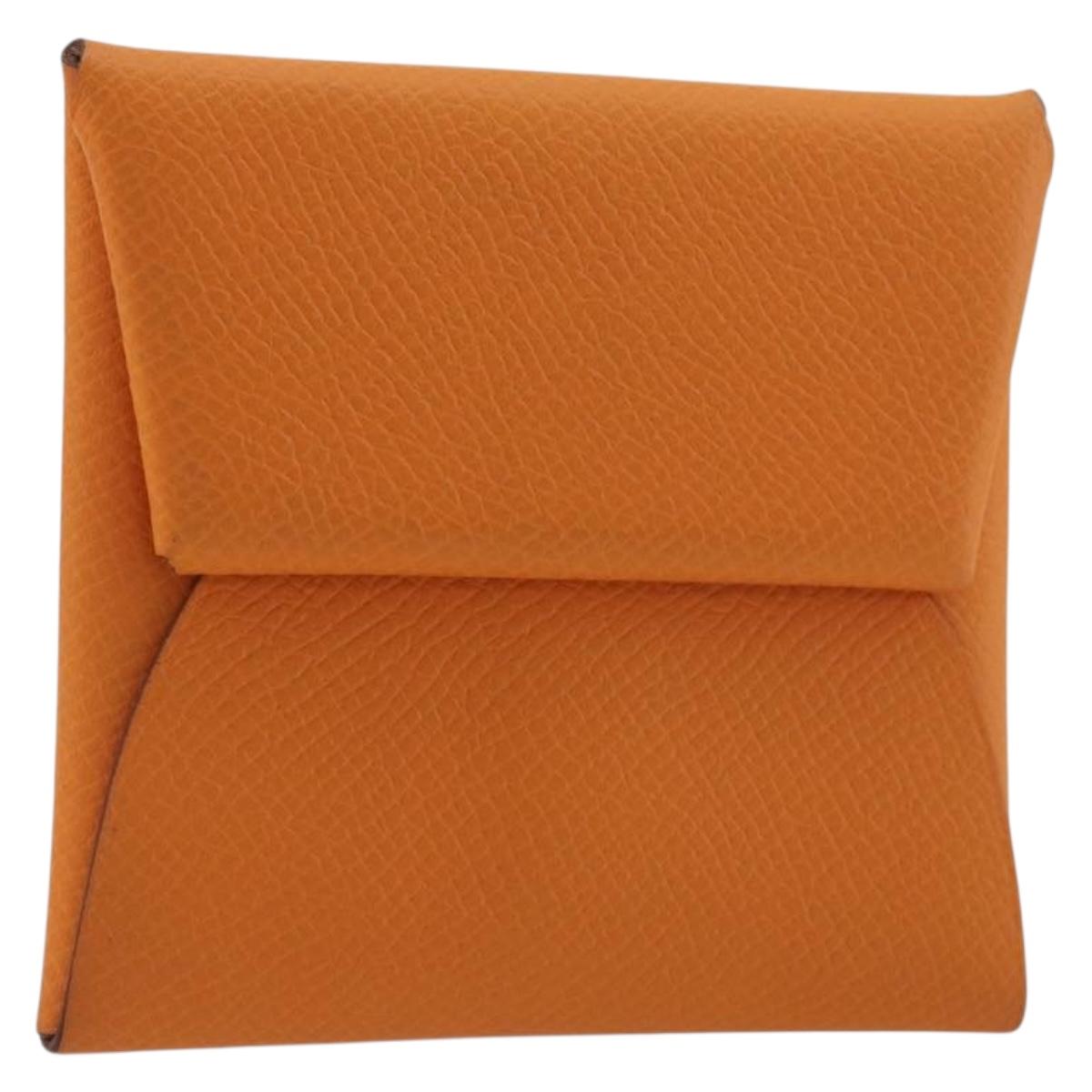 HERMES Bastia Terre Batue Coin Purse Leather Orange Silver Auth 196674V