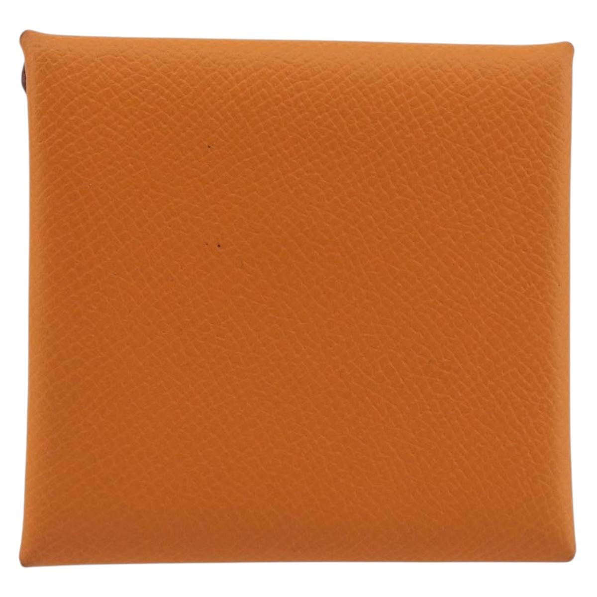 HERMES Bastia Terre Batue Coin Purse Leather Orange Silver Auth 196674V