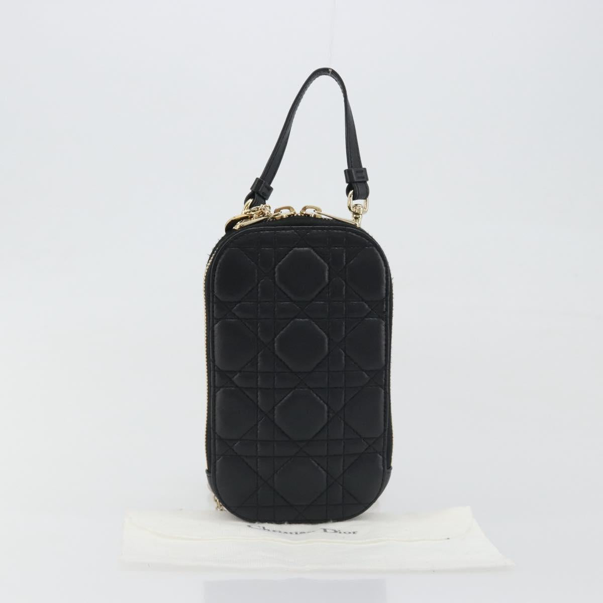 Christian Dior Cannage Phone Holder Leather Black Gold Auth 196679V