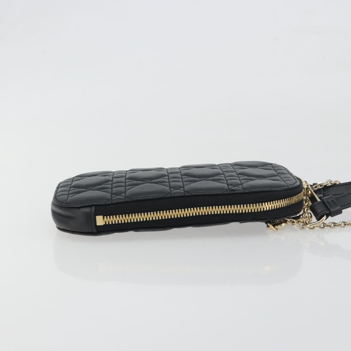 Christian Dior Cannage Phone Holder Leather Black Gold Auth 196679V