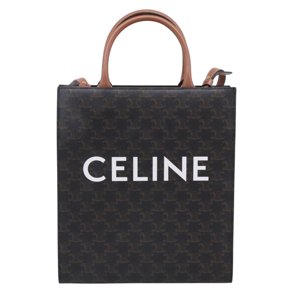 CELINE Macadam Canvas Vertical Cabas Small Hand Bag PVC Brown Gold Auth 196692V