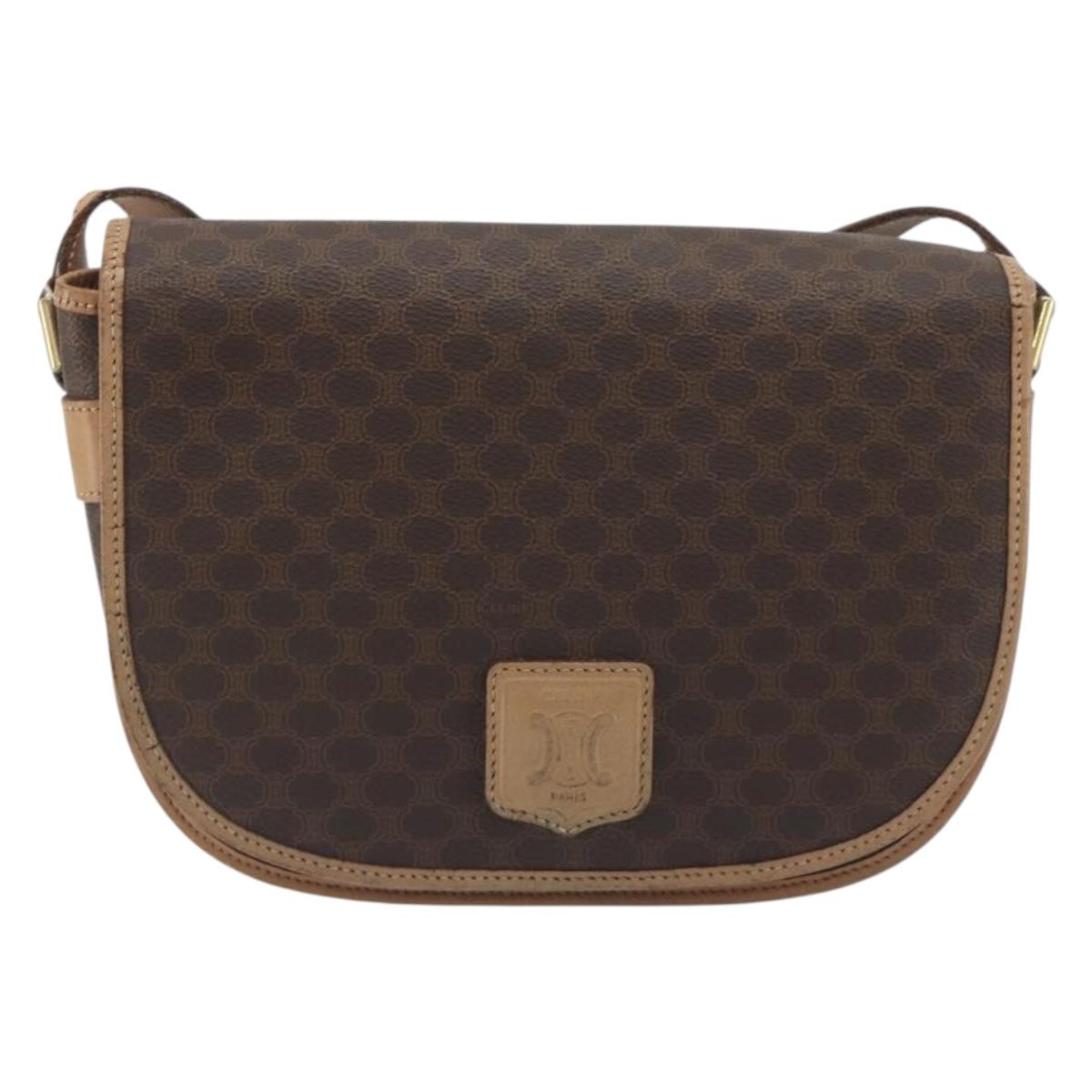CELINE Macadam Canvas Shoulder Bag PVC Leather Brown Gold Auth 196698