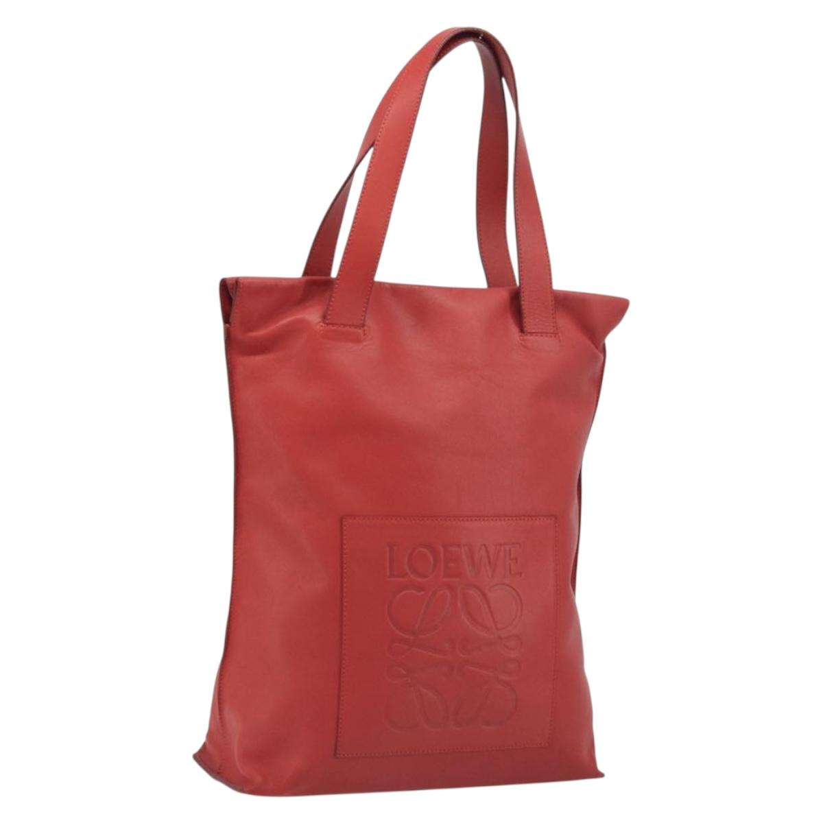 LOEWE Anagram Tote Bag Leather Red Silver Auth 196700A