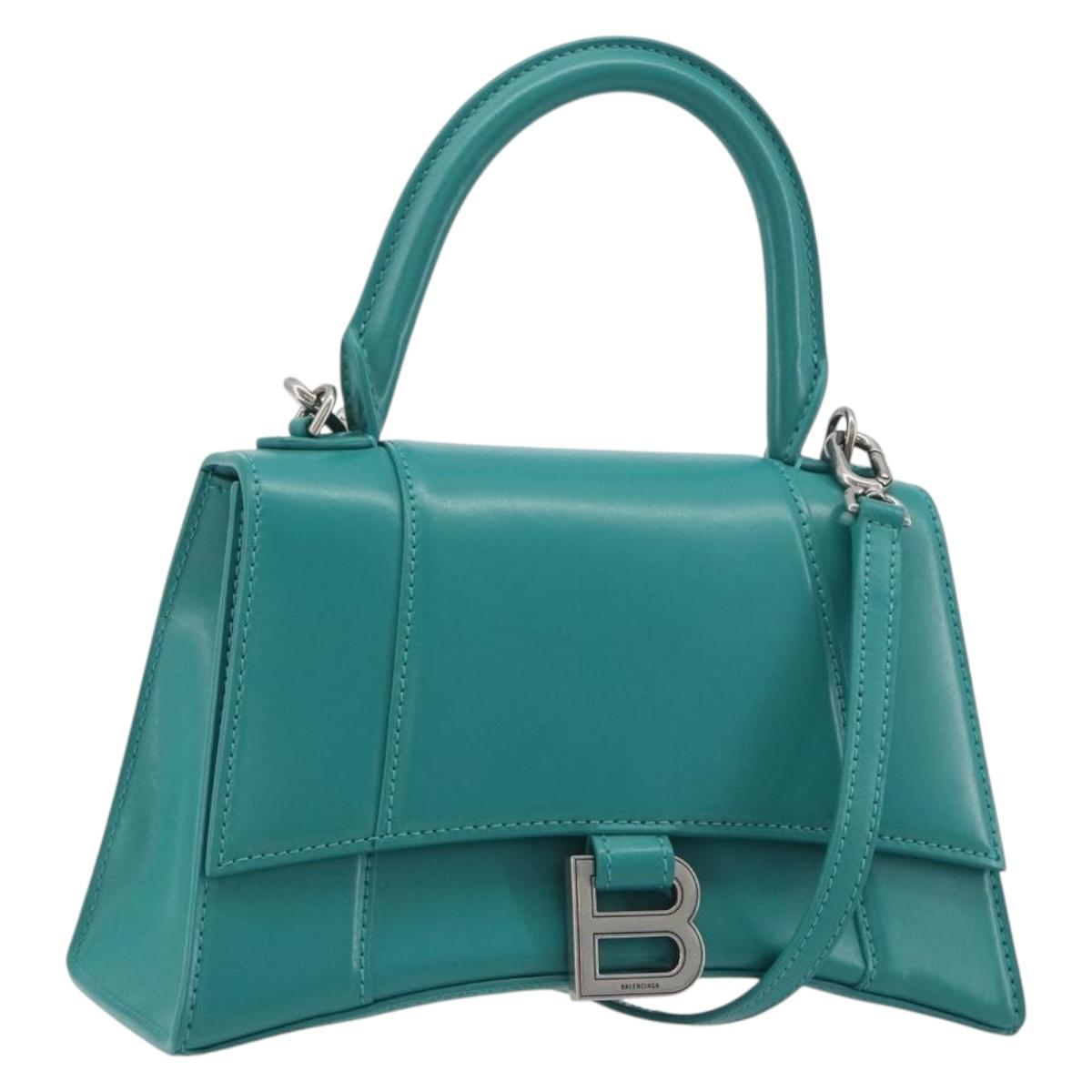 BALENCIAGA Hour Glass Small Bag Leather 2way Green Silver 593546 Auth 196703M