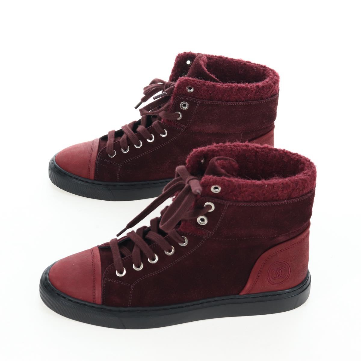 CHANEL High Cut Sneakers Suede Bordeaux CC Auth 196705M