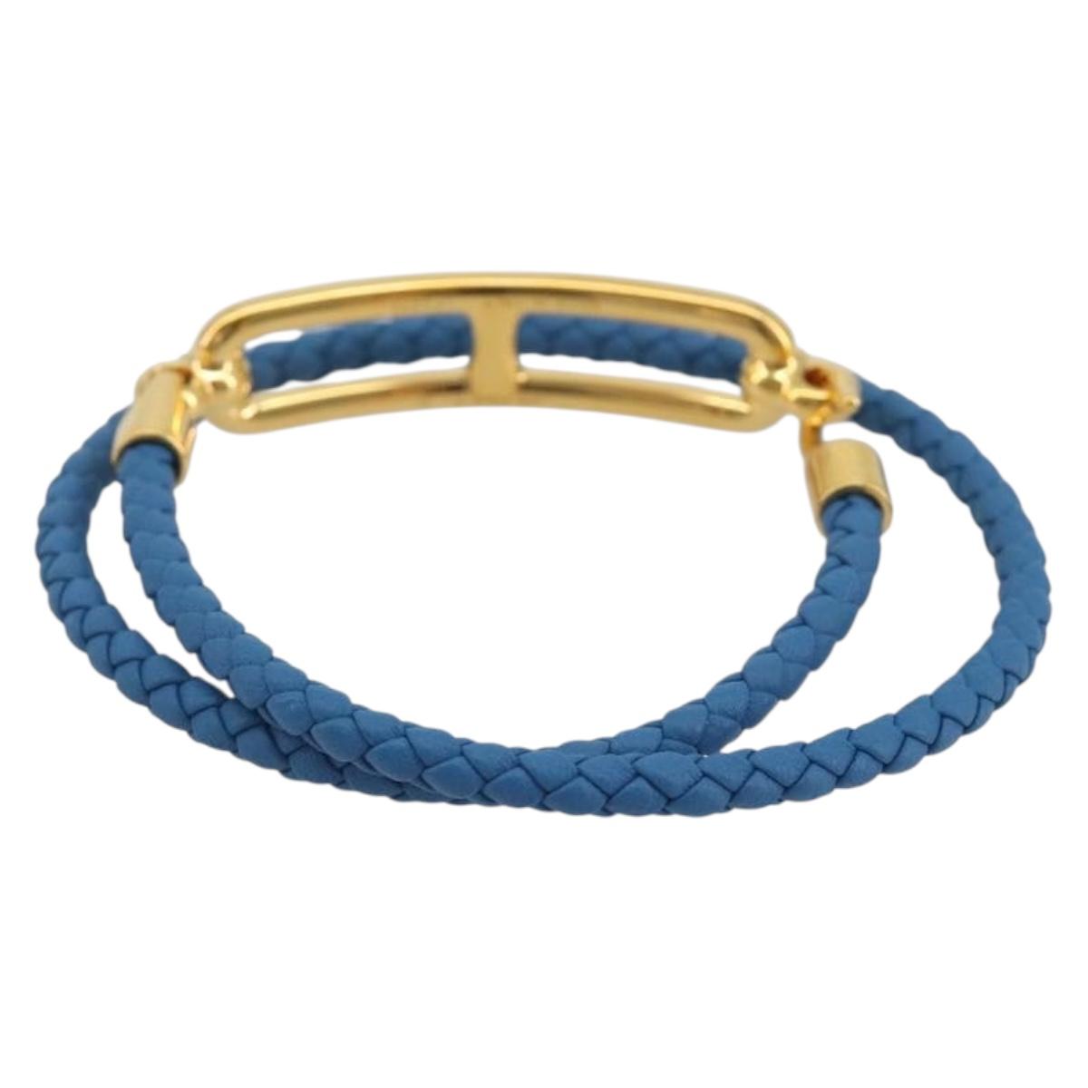 HERMES Roulis De Bourtour Bracelet Leather Blue Gold Auth 196712V
