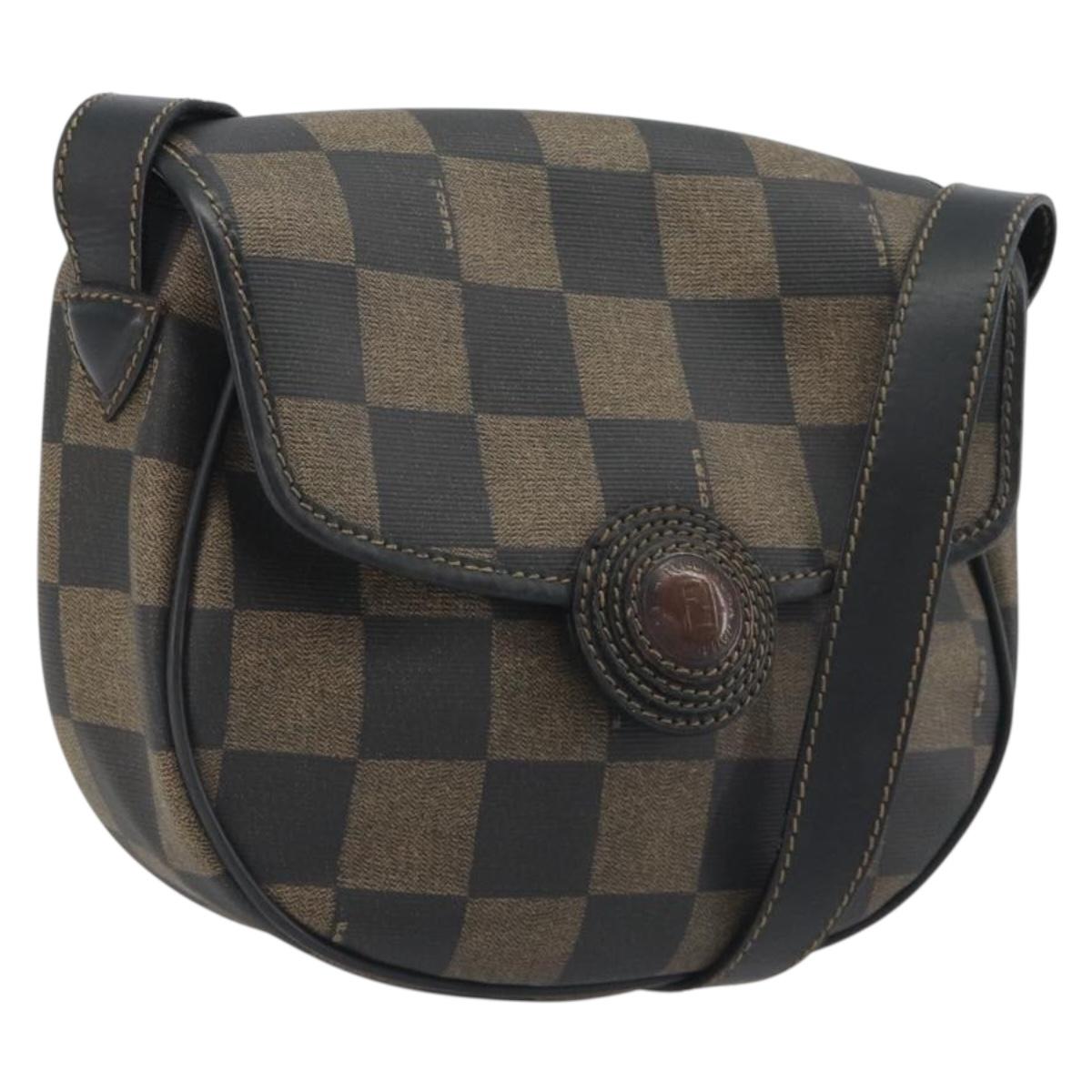 FENDI Pecan Canvas Shoulder Bag PVC Black Brown Auth 196716
