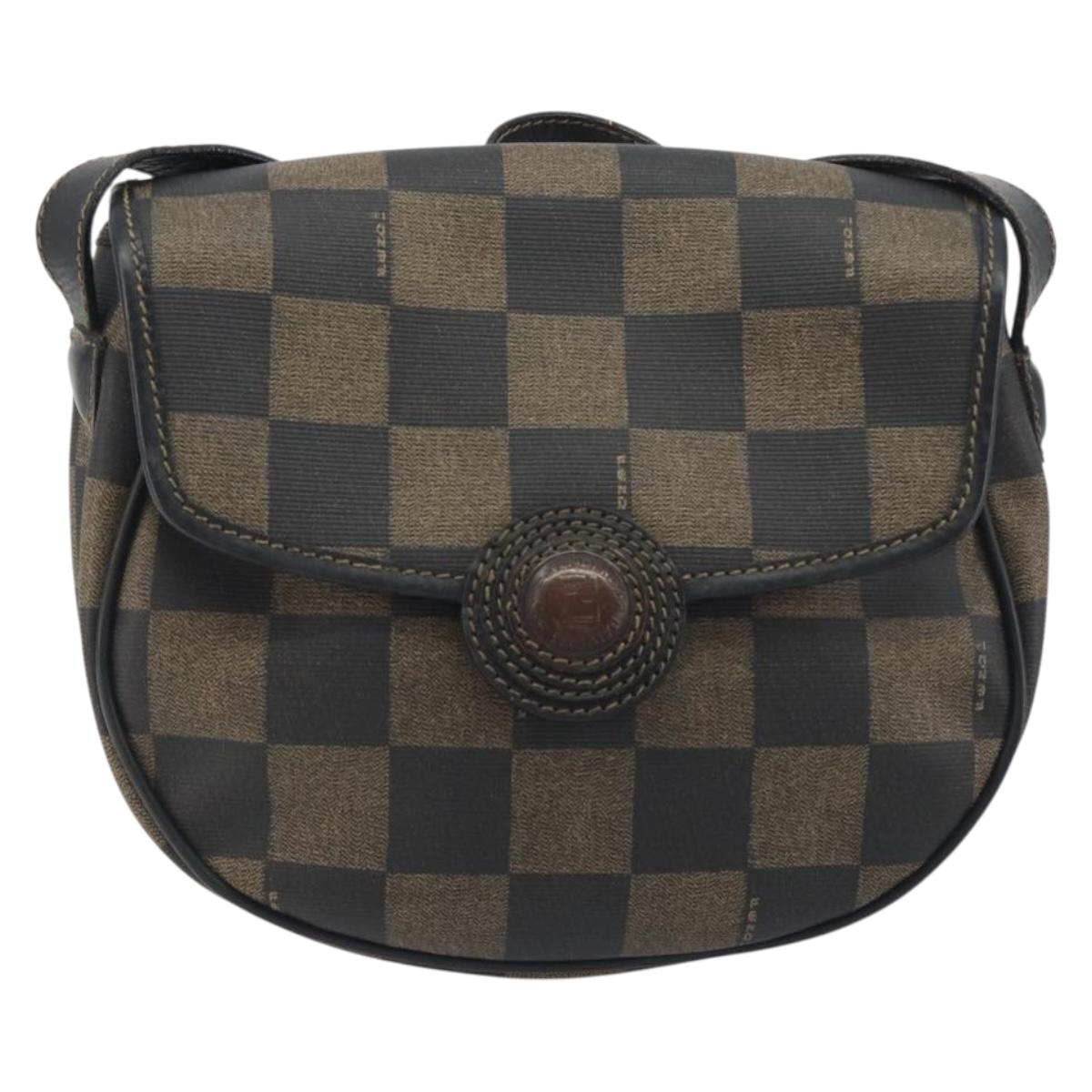 FENDI Pecan Canvas Shoulder Bag PVC Black Brown Auth 196716