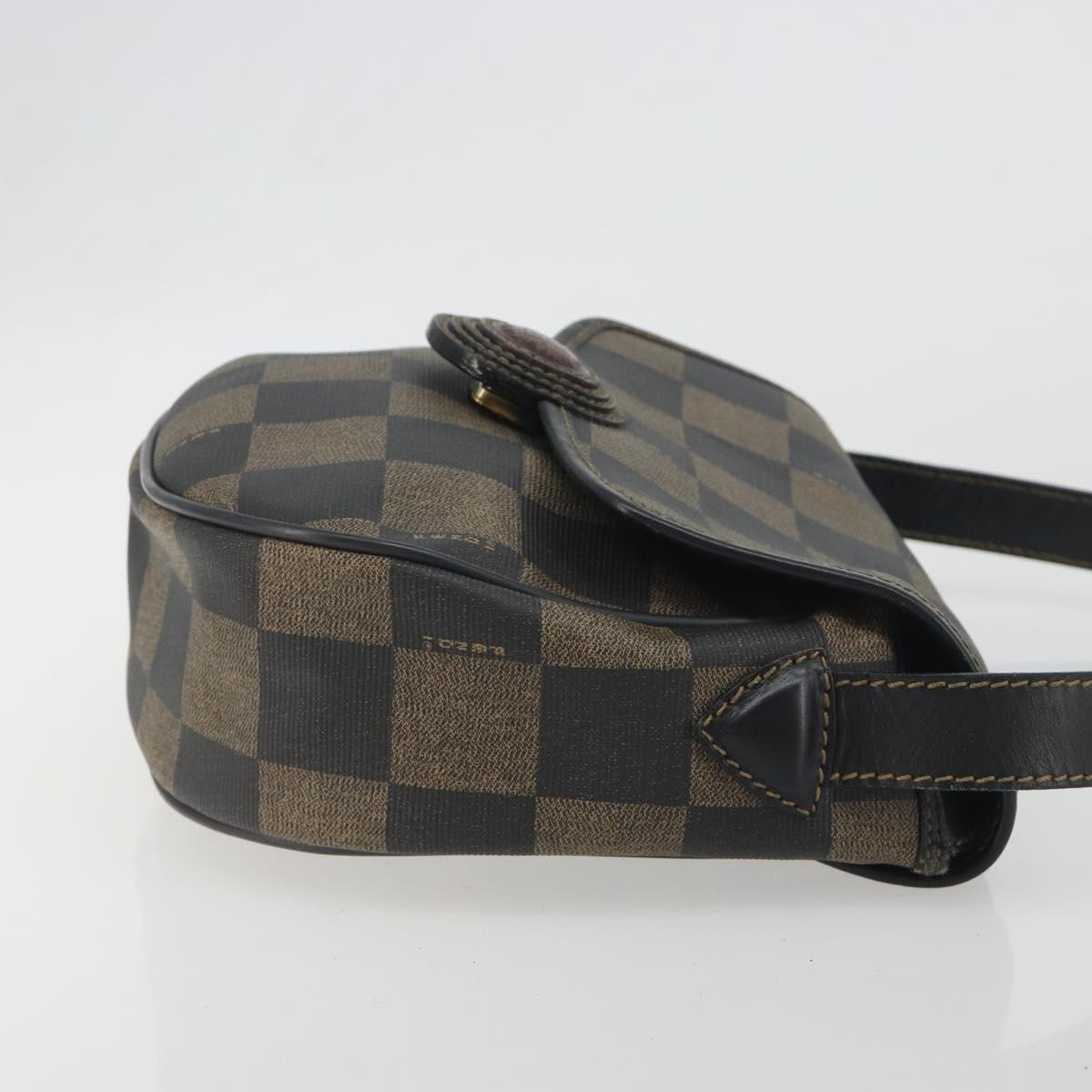 FENDI Pecan Canvas Shoulder Bag PVC Black Brown Auth 196716