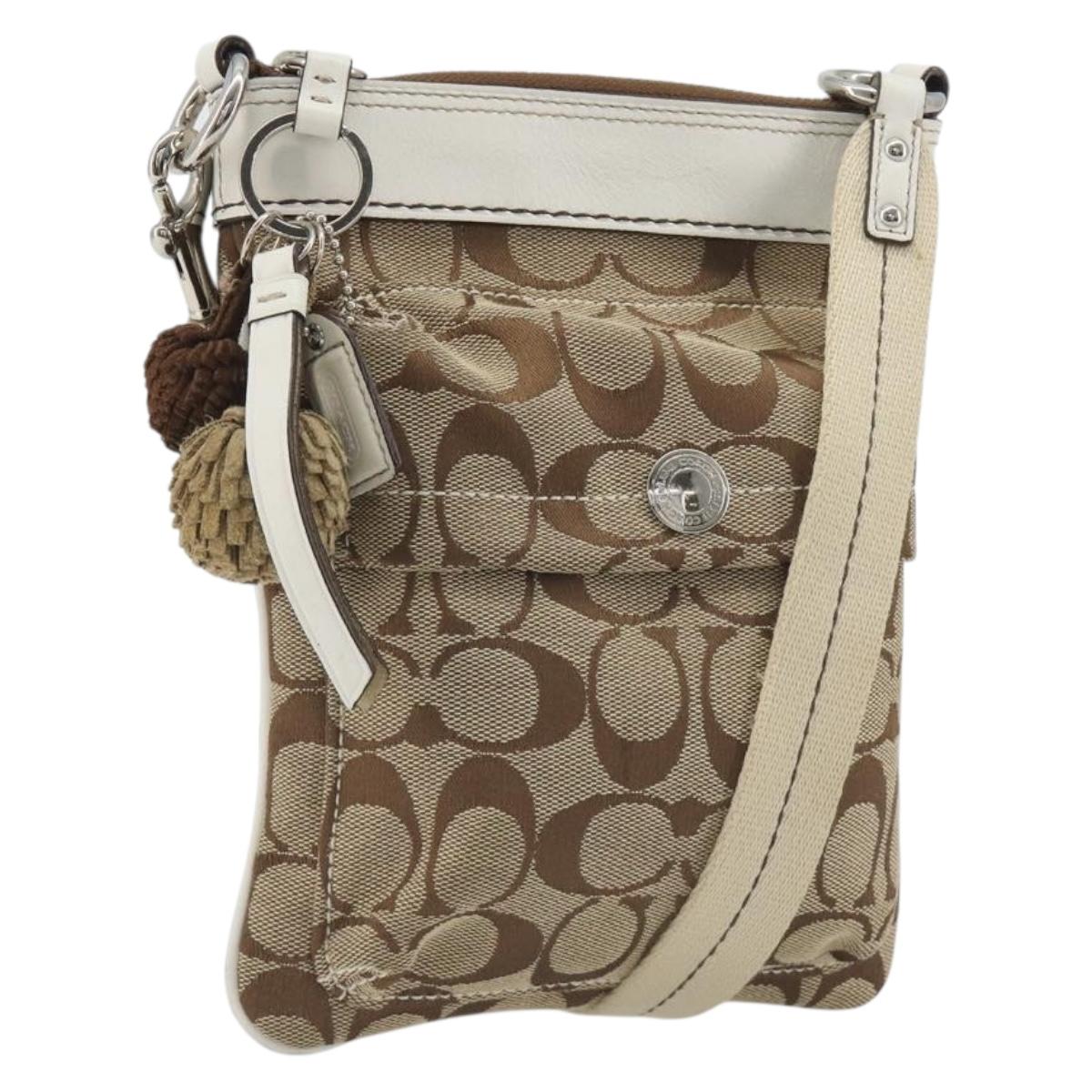 Coach Shoulder Bag Canvas Beige Silver Auth 196751A