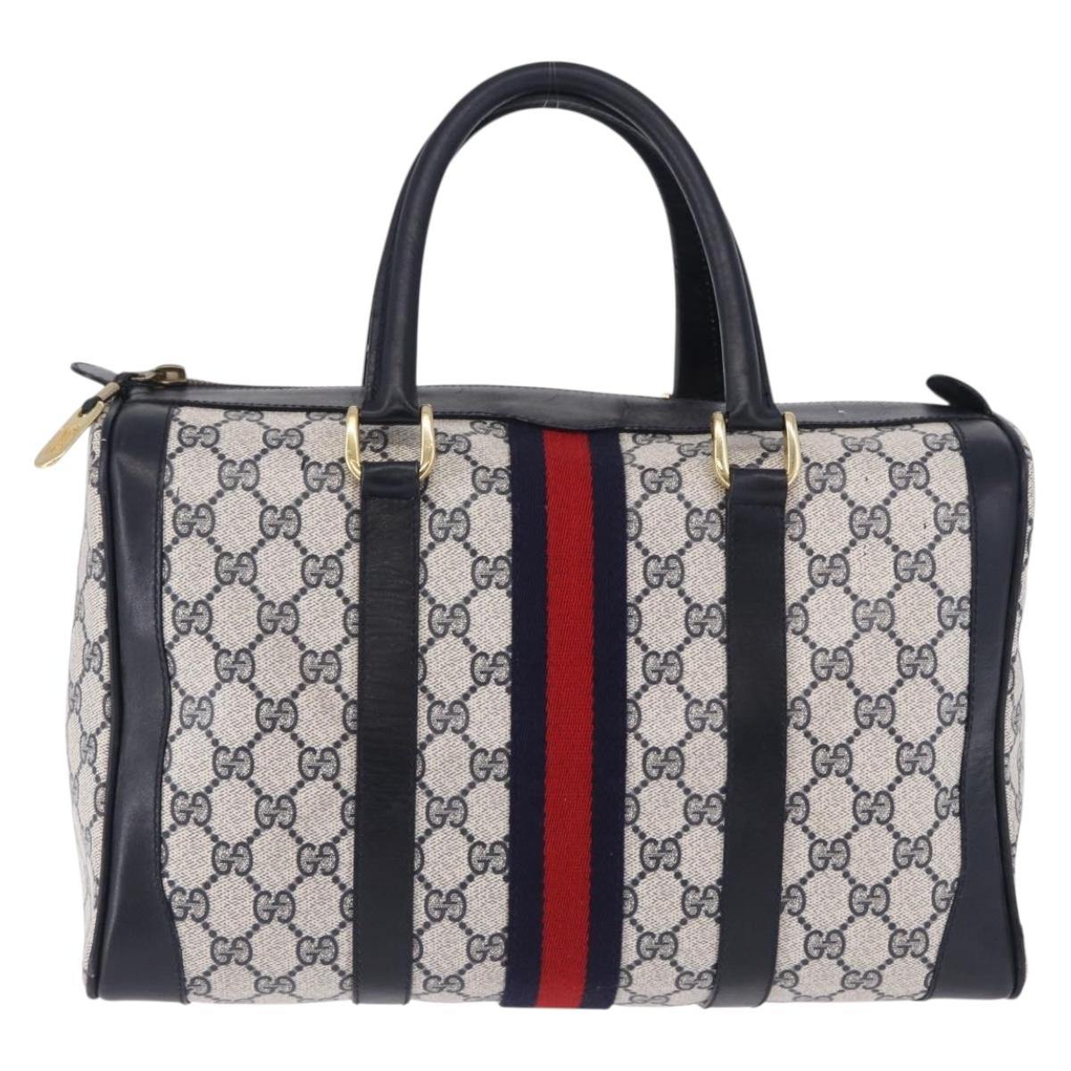 GUCCI GG Supreme Sherry Line Boston Bag PVC Navy Gold Auth 196762A