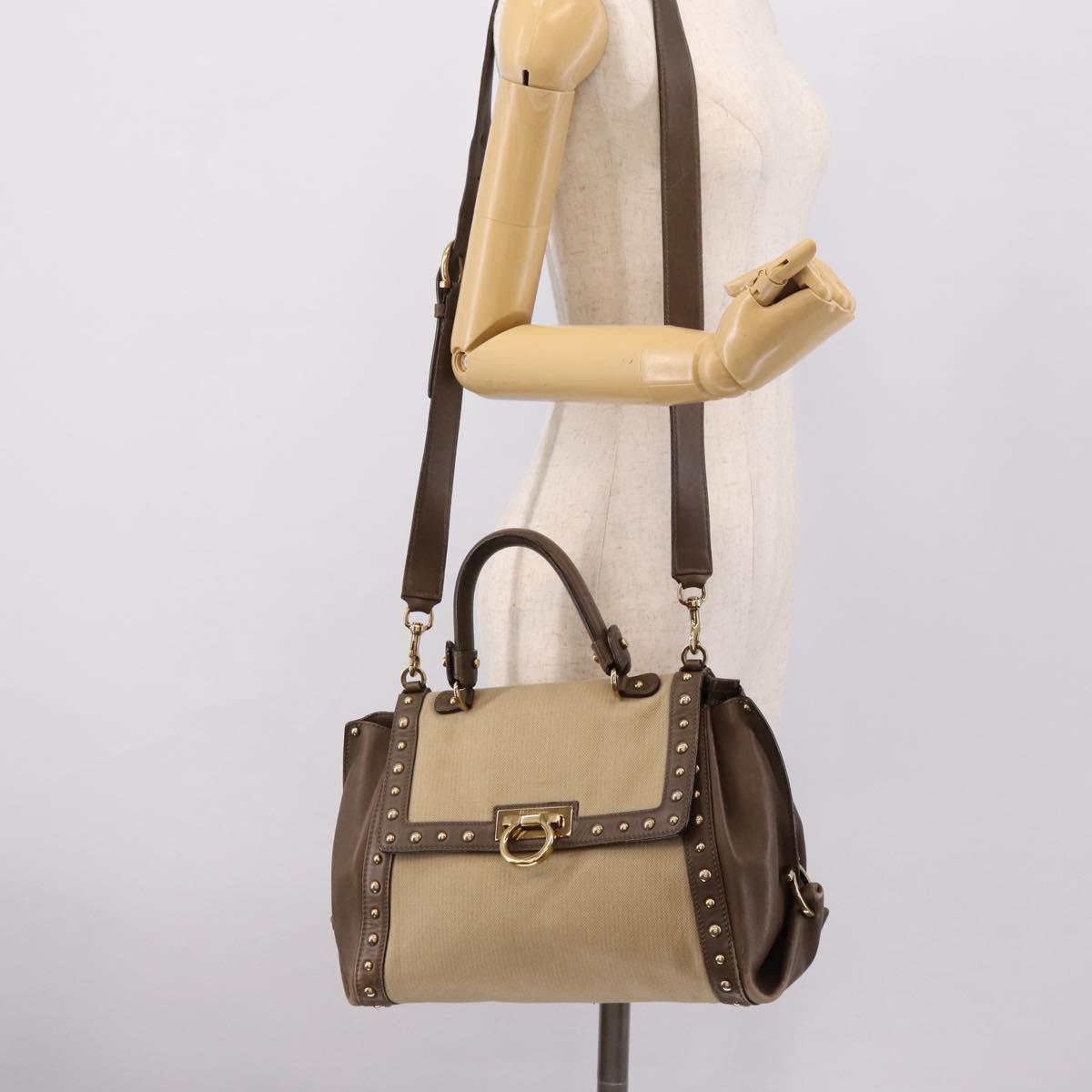 Salvatore Ferragamo Gancini Hand Bag Canvas 2way Beige Gold Auth 196765