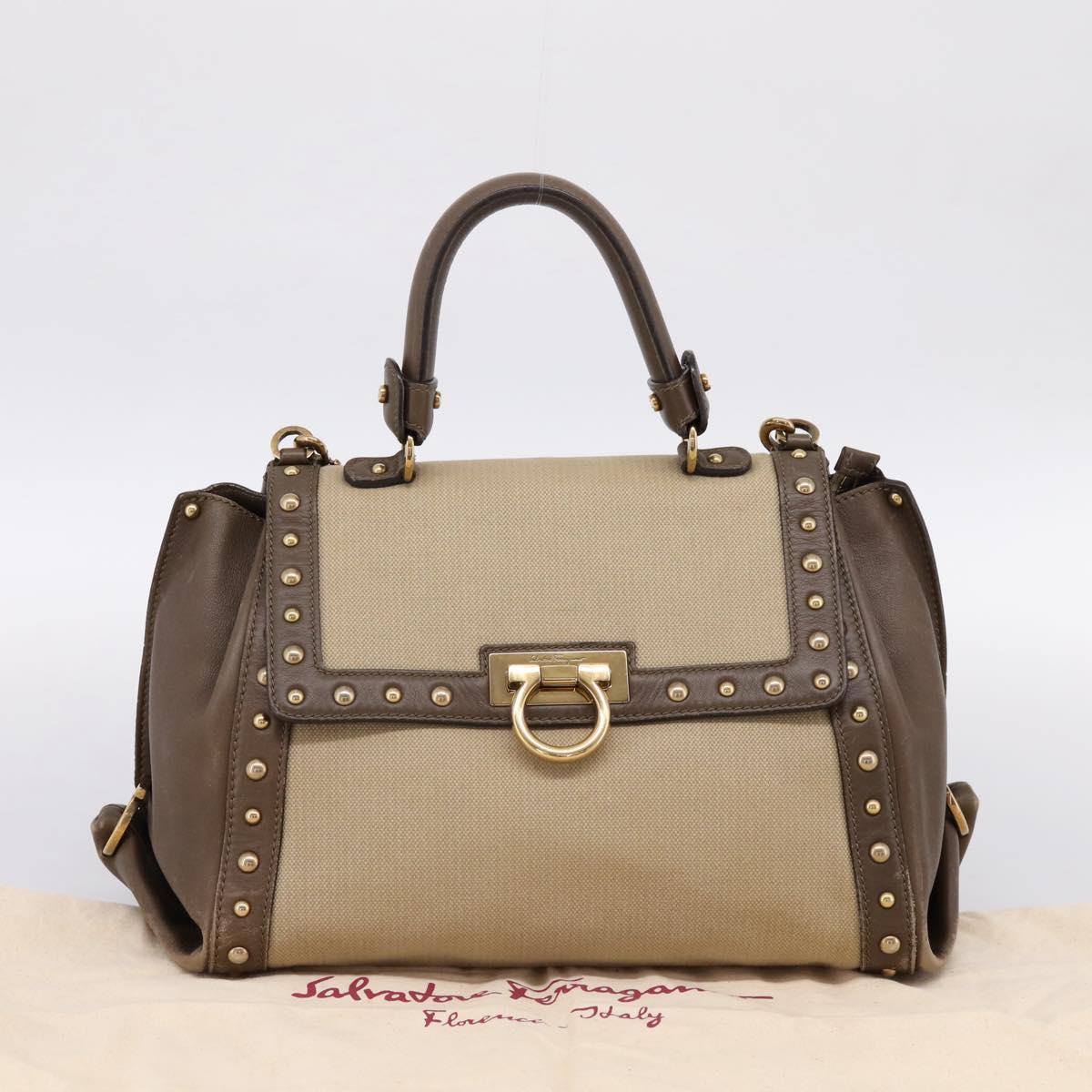 Salvatore Ferragamo Gancini Hand Bag Canvas 2way Beige Gold Auth 196765
