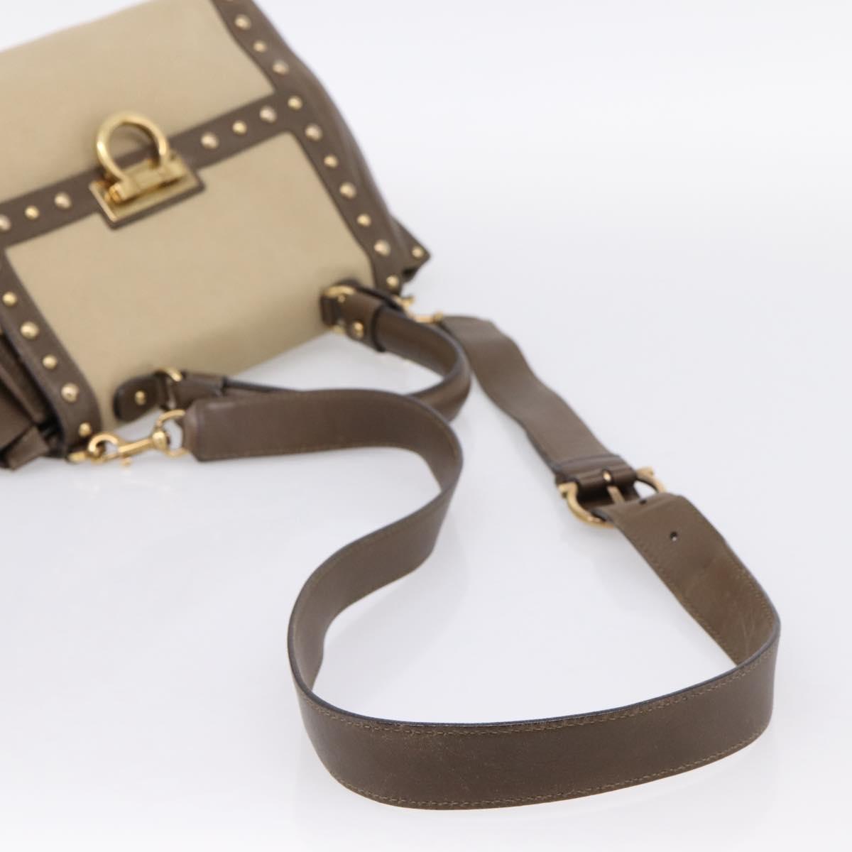 Salvatore Ferragamo Gancini Hand Bag Canvas 2way Beige Gold Auth 196765
