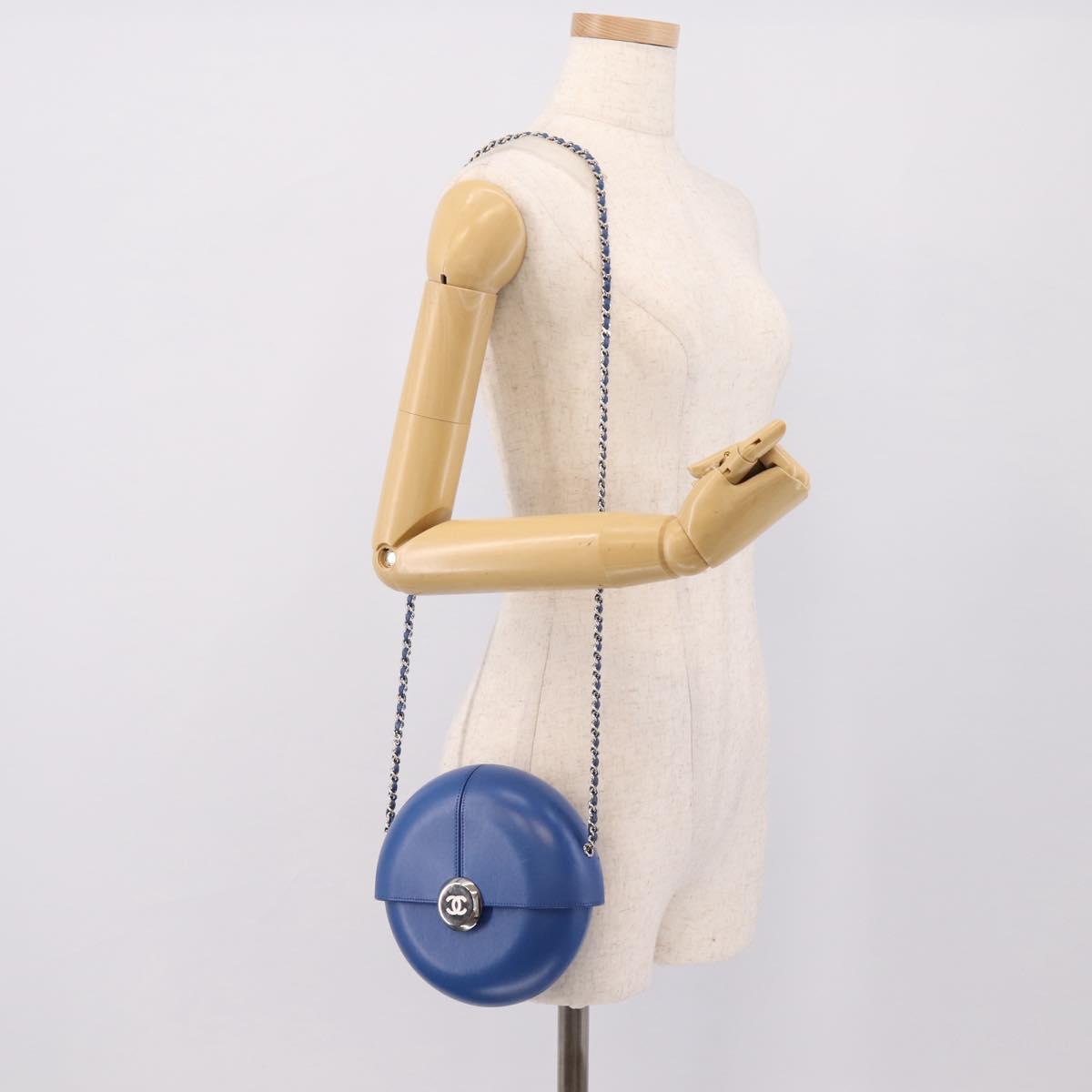 CHANEL Evening Air Chain Shoulder Bag Lamb Skin Blue Silver CC Auth 196780SAM