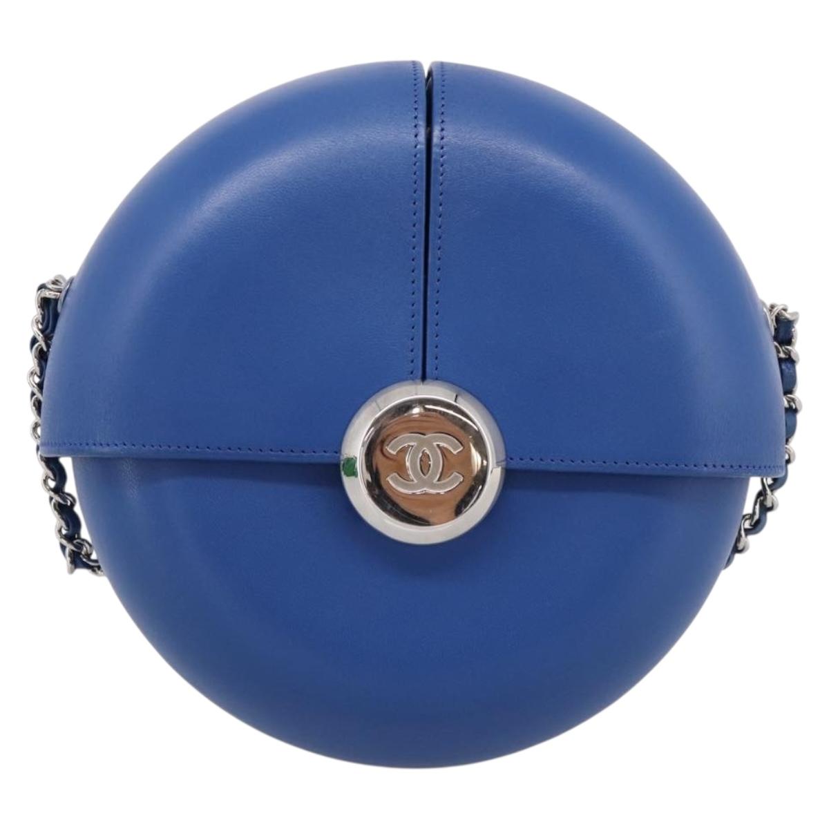 CHANEL Evening Air Chain Shoulder Bag Lamb Skin Blue Silver CC Auth 196780SAM