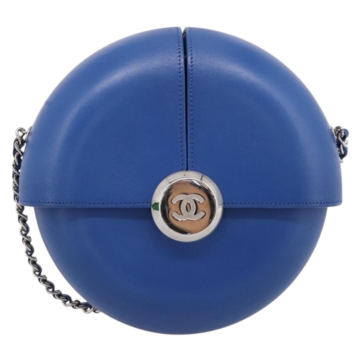 CHANEL Evening Air Chain Shoulder Bag Lamb Skin Blue Silver CC Auth 196780SAM