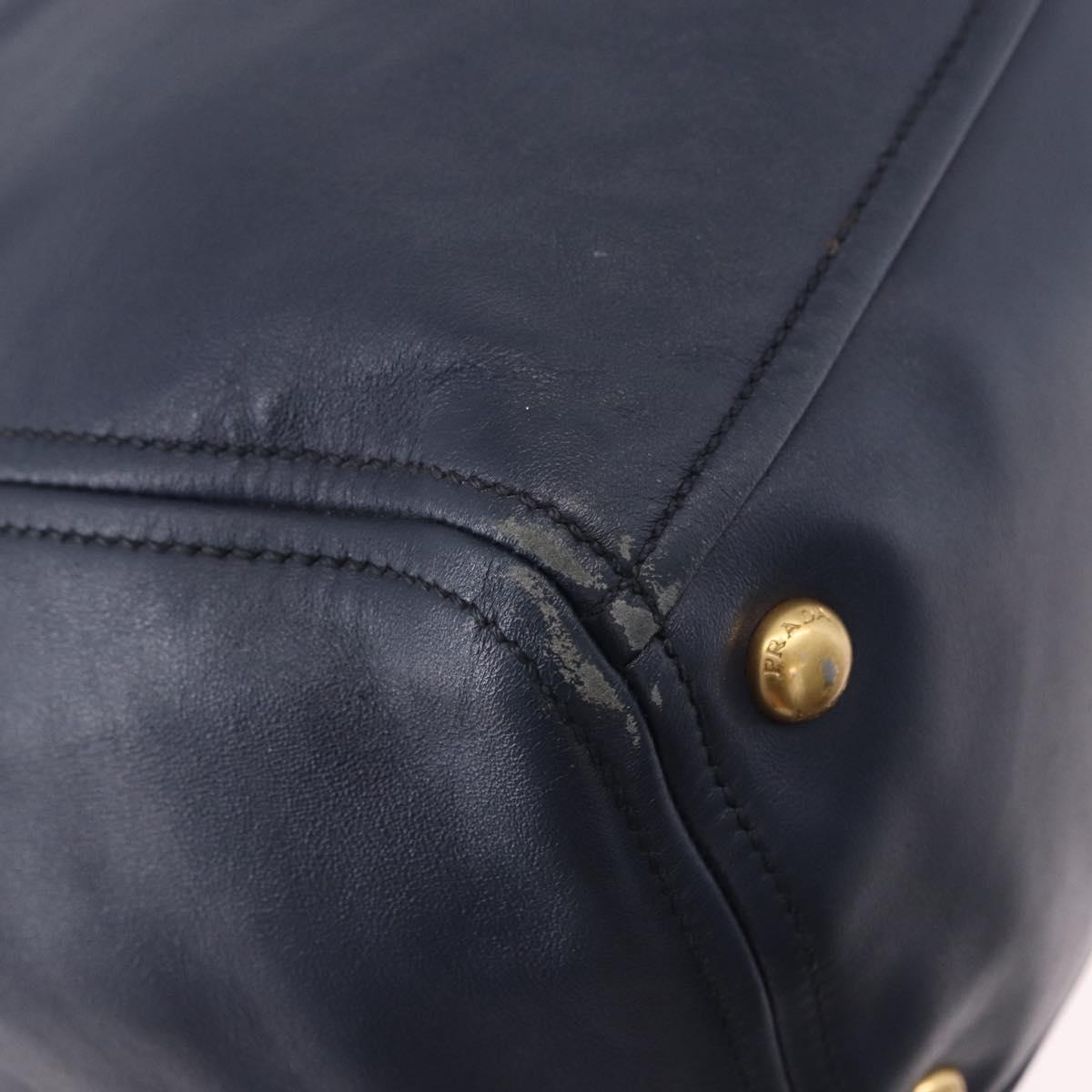 PRADA Hand Bag Leather 2way Navy Gold Auth 196781V