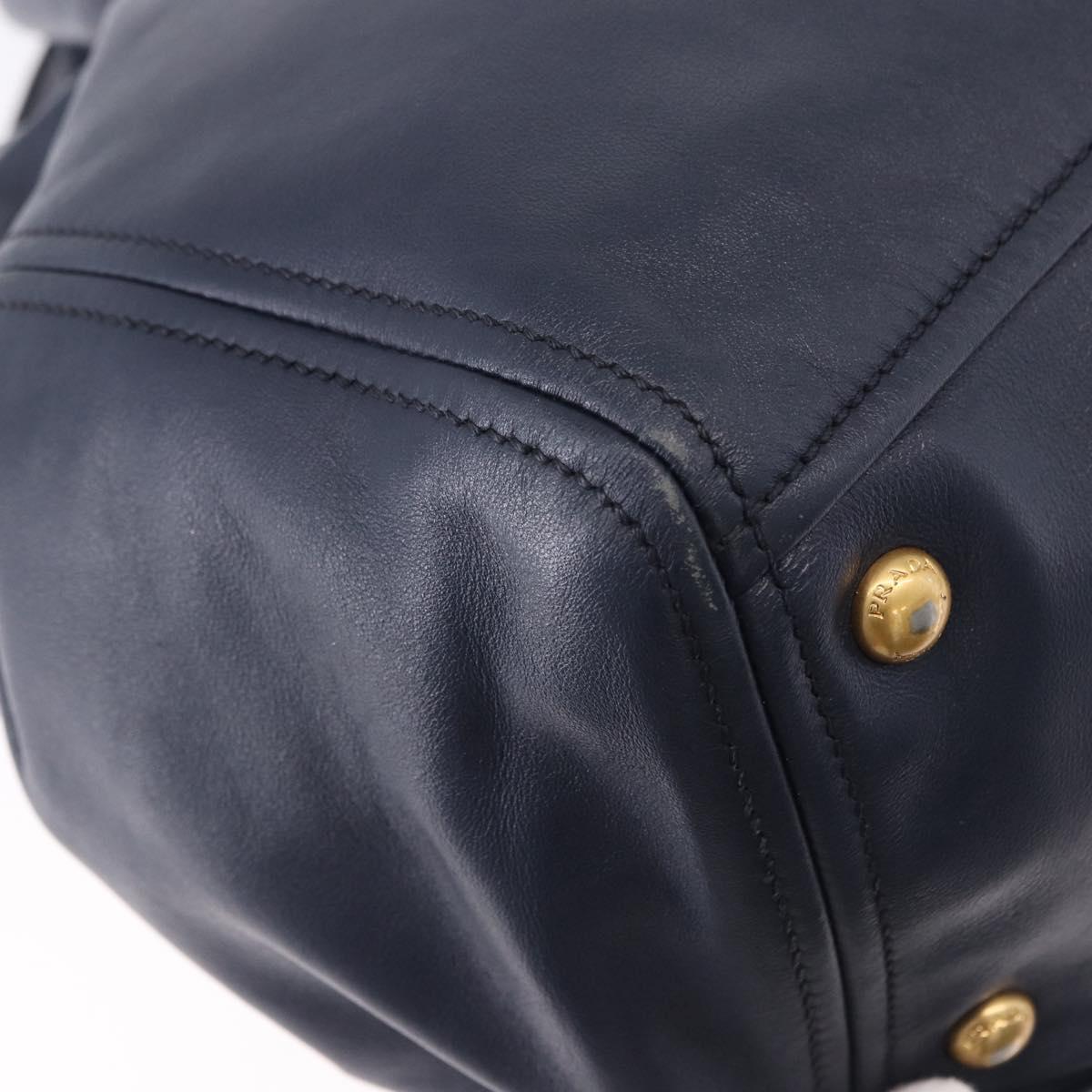 PRADA Hand Bag Leather 2way Navy Gold Auth 196781V