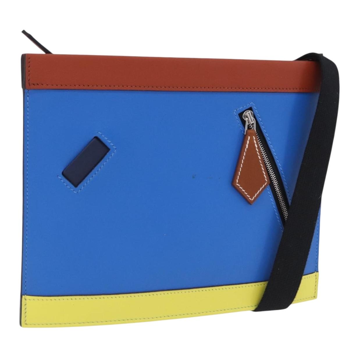 HERMES Zip Angor Clutch Bag Leather Blue Silver Auth 196795SM