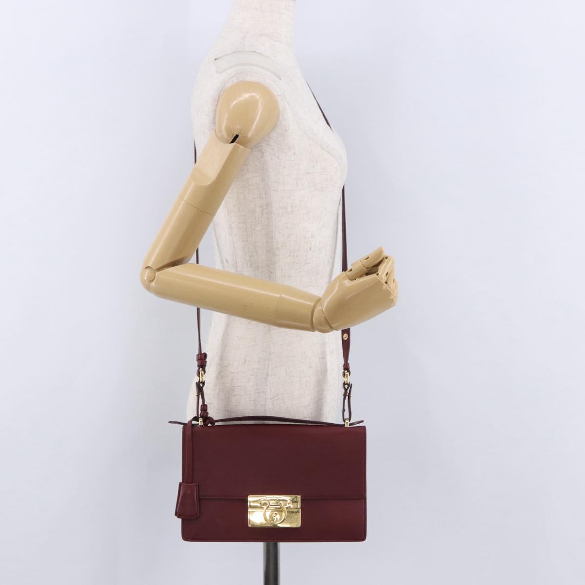 Salvatore Ferragamo Gancini Hand Bag Leather 2way Bordeaux Gold Auth 196796A