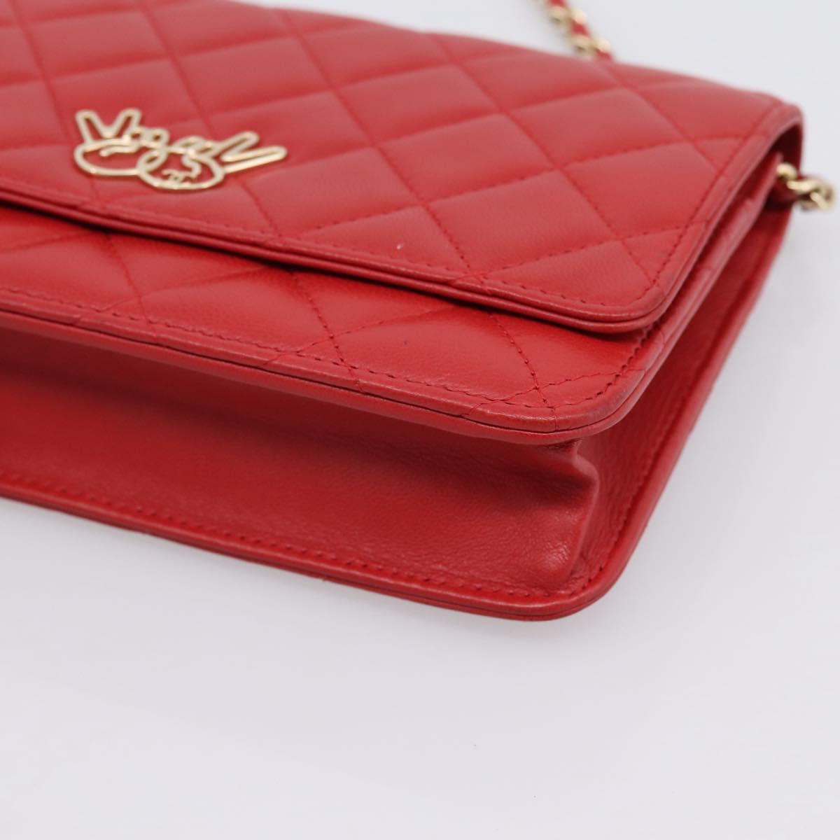 CHANEL Matelasse Chain Wallet Double Piece Lamb Skin Red Gold CC Auth 196801SAM