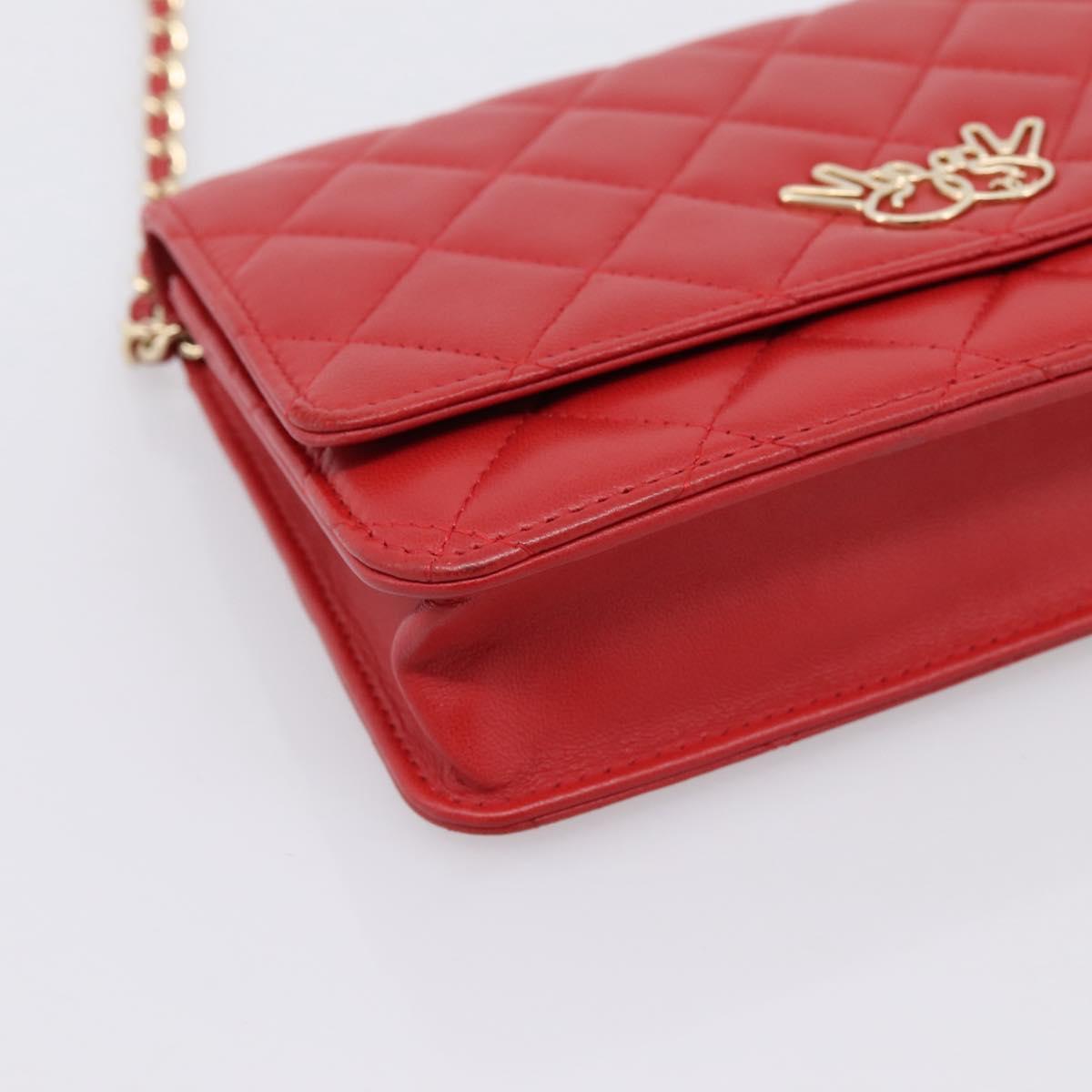 CHANEL Matelasse Chain Wallet Double Piece Lamb Skin Red Gold CC Auth 196801SAM