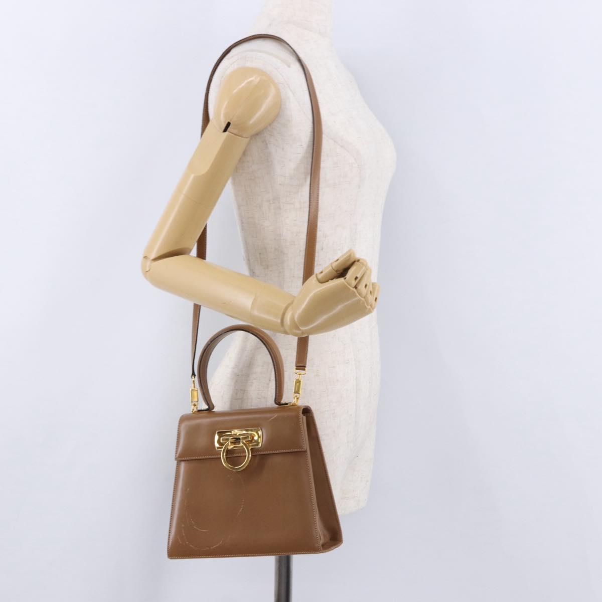Salvatore Ferragamo Gancini Hand Bag Leather 2way Brown Gold Auth 196812
