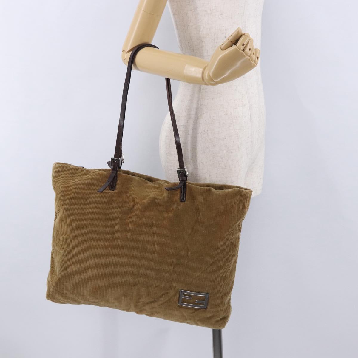 FENDI Tote Bag Corduroy Beige Silver Auth 196813A