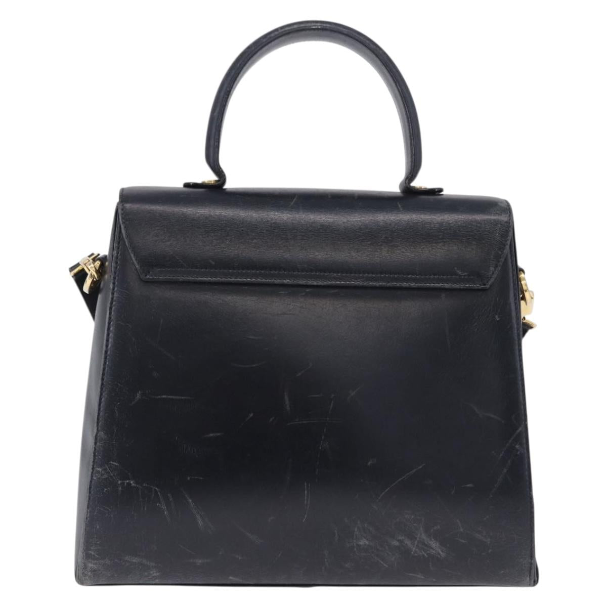 Salvatore Ferragamo Gancini Hand Bag Leather 2way Navy Gold Auth 196816