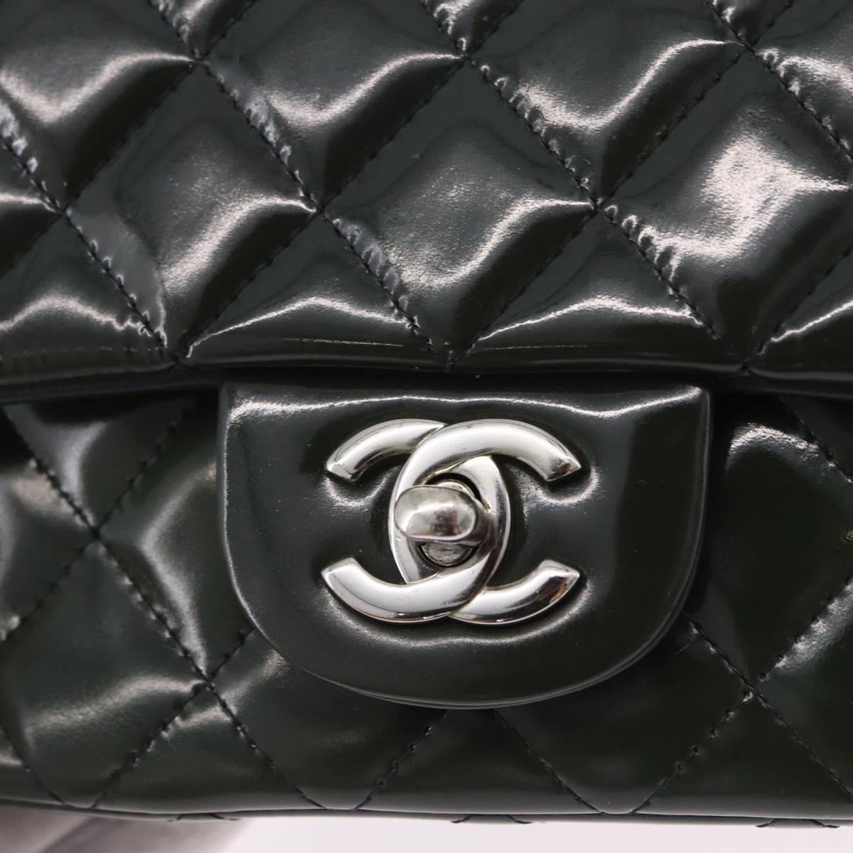 CHANEL COCO Mark Turn Lock Chain Bag Patent leather Khaki Silver CC Auth 196818M