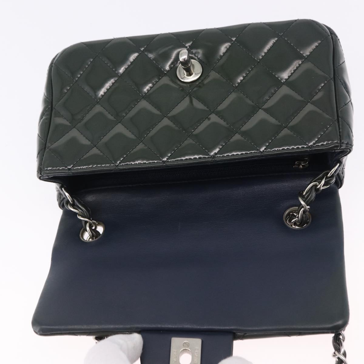 CHANEL COCO Mark Turn Lock Chain Bag Patent leather Khaki Silver CC Auth 196818M