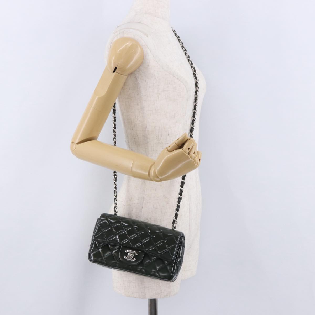 CHANEL COCO Mark Turn Lock Chain Bag Patent leather Khaki Silver CC Auth 196818M