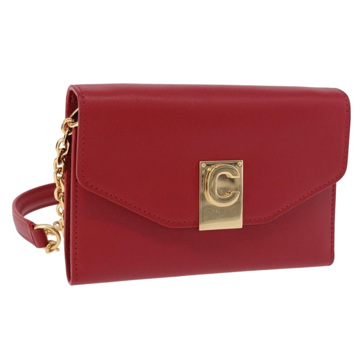 CELINE Chain Wallet Leather Red Gold Auth 196822M