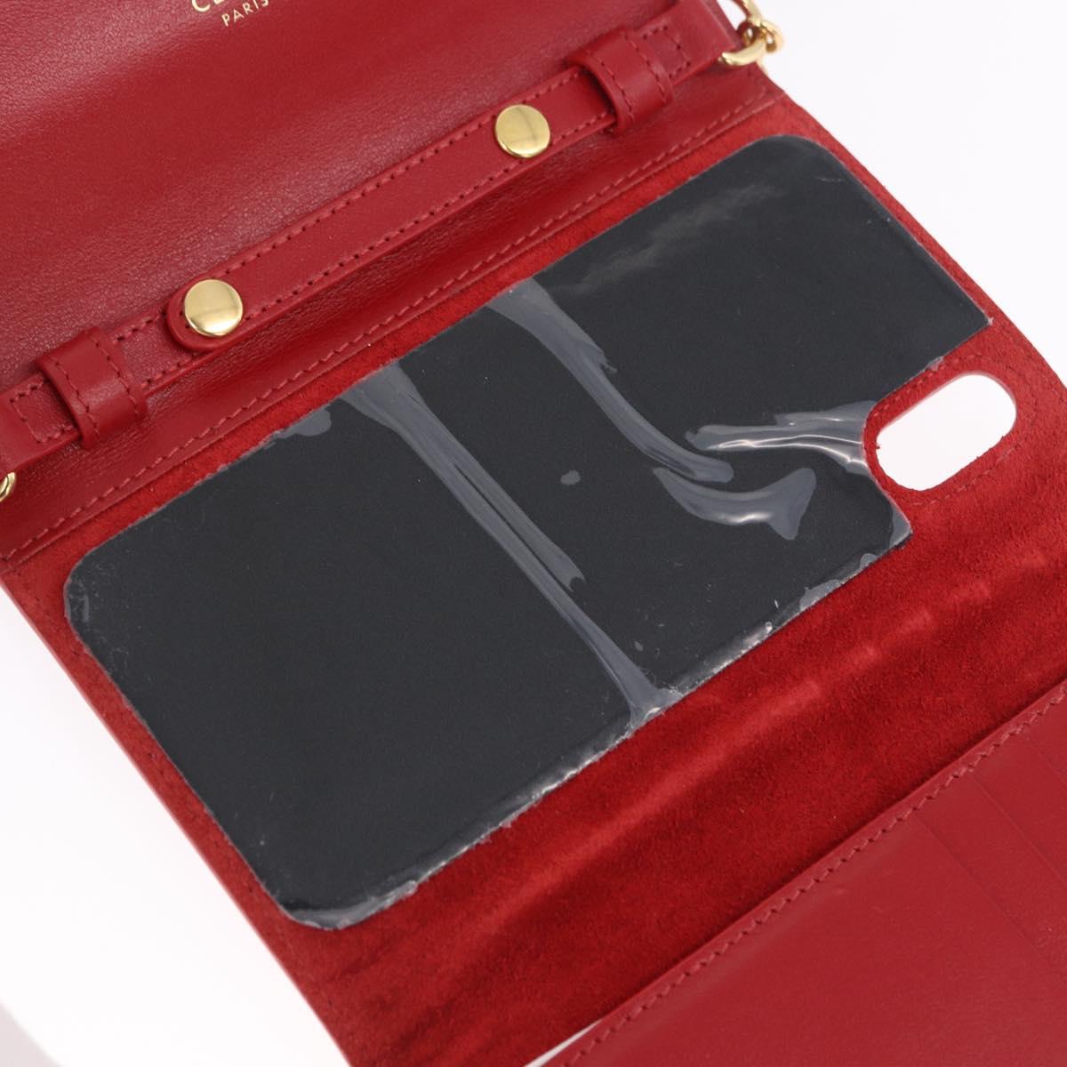 CELINE Chain Wallet Leather Red Gold Auth 196822M
