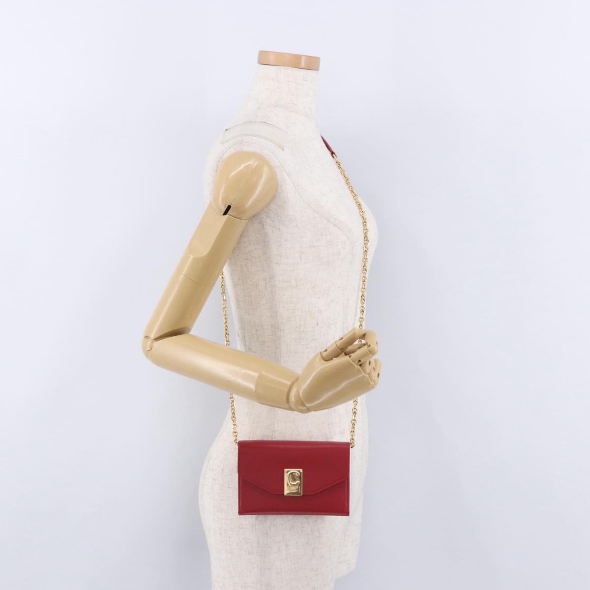 CELINE Chain Wallet Leather Red Gold Auth 196822M