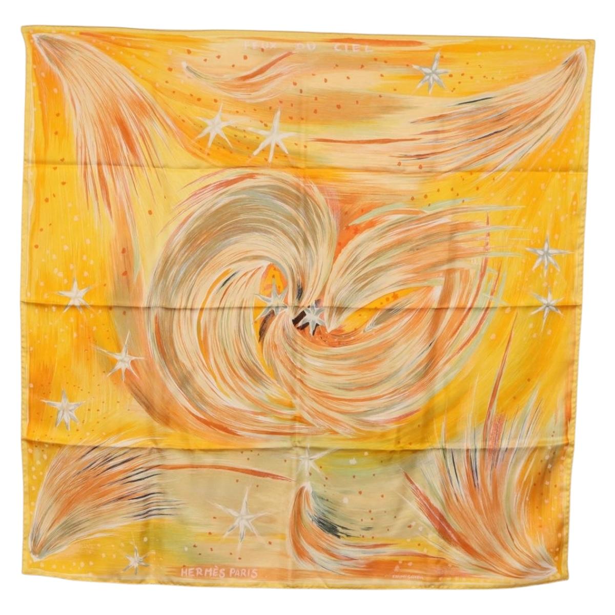 HERMES Carre 90 Scarf ""FEUX DU CIEL"" Silk Yellow Auth 196844M