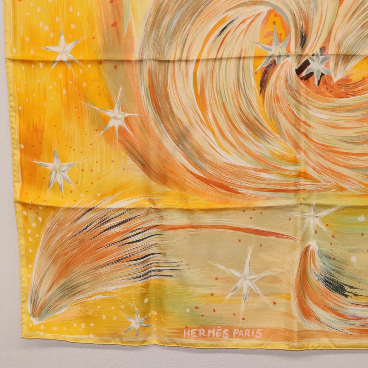 HERMES Carre 90 Scarf ""FEUX DU CIEL"" Silk Yellow Auth 196844M