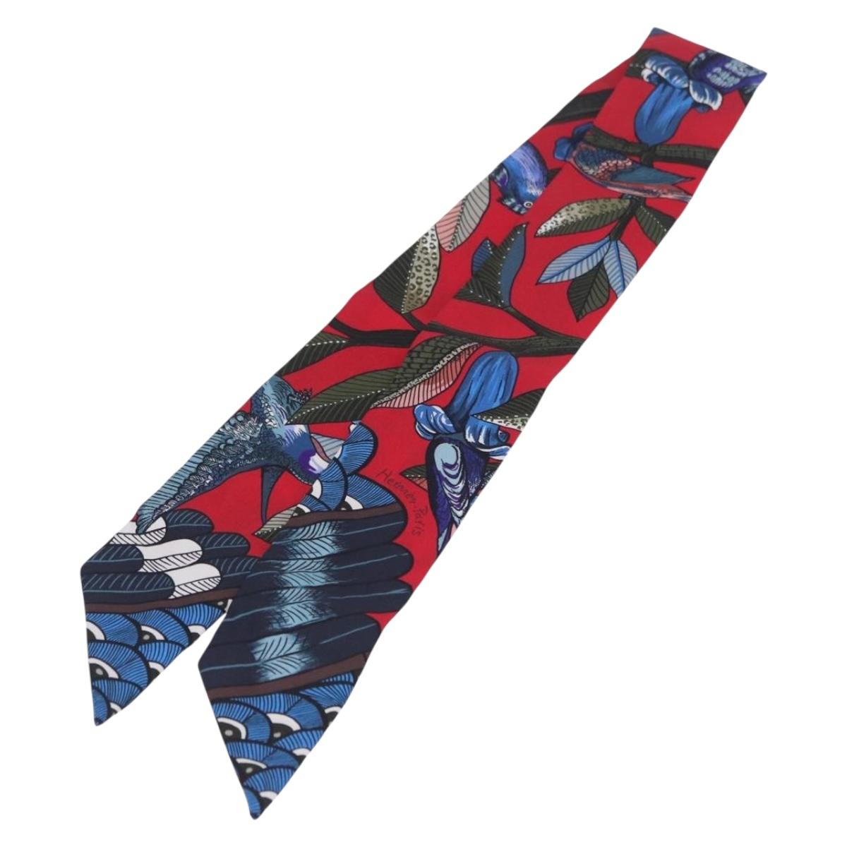 HERMES Twilly Scarf Silk Red Blue Auth 196847M