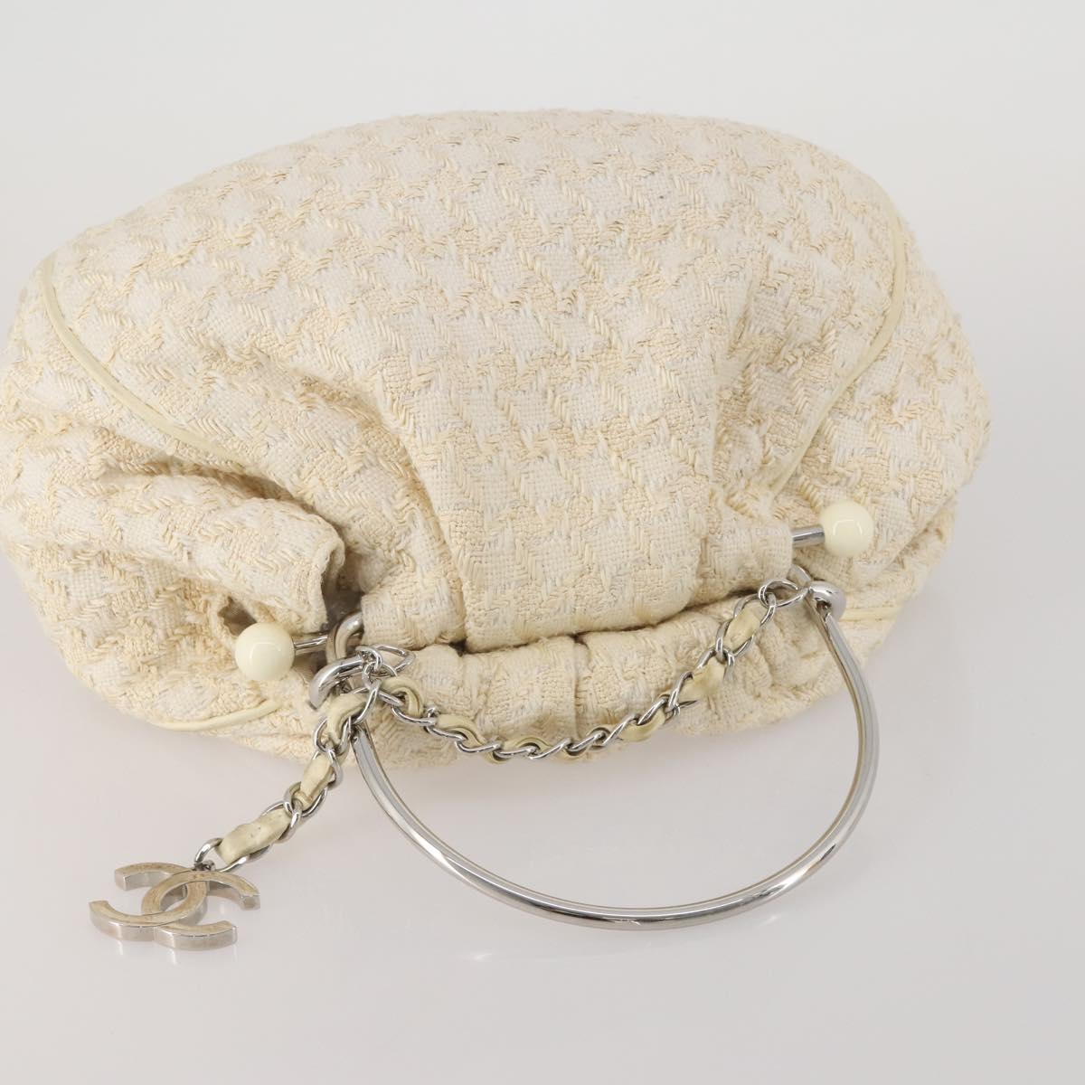 CHANEL Hand Bag Tweed White Silver CC Auth 196872