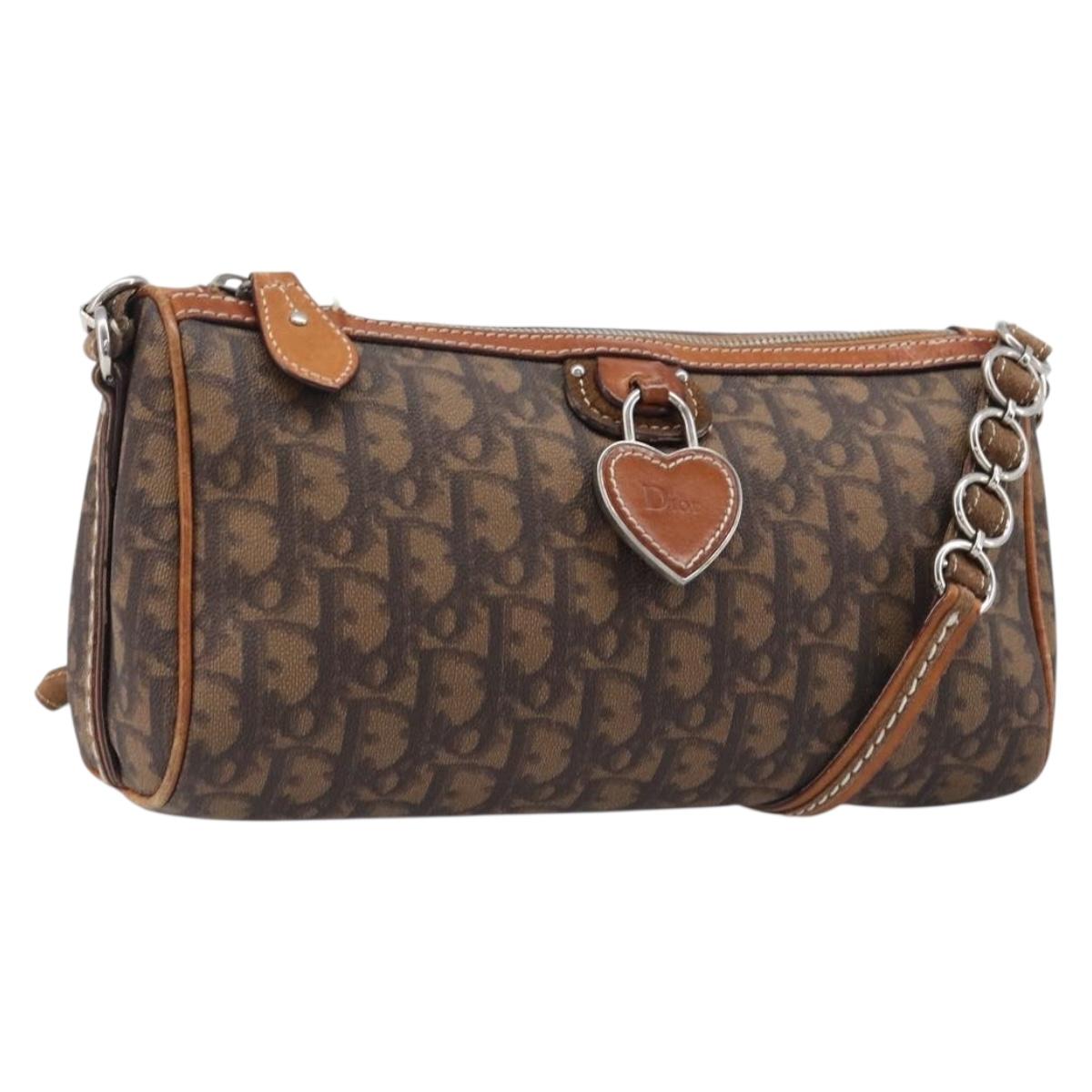 Christian Dior Trotter Canvas Romantic Chain Bag PVC Brown Silver Auth 196875M