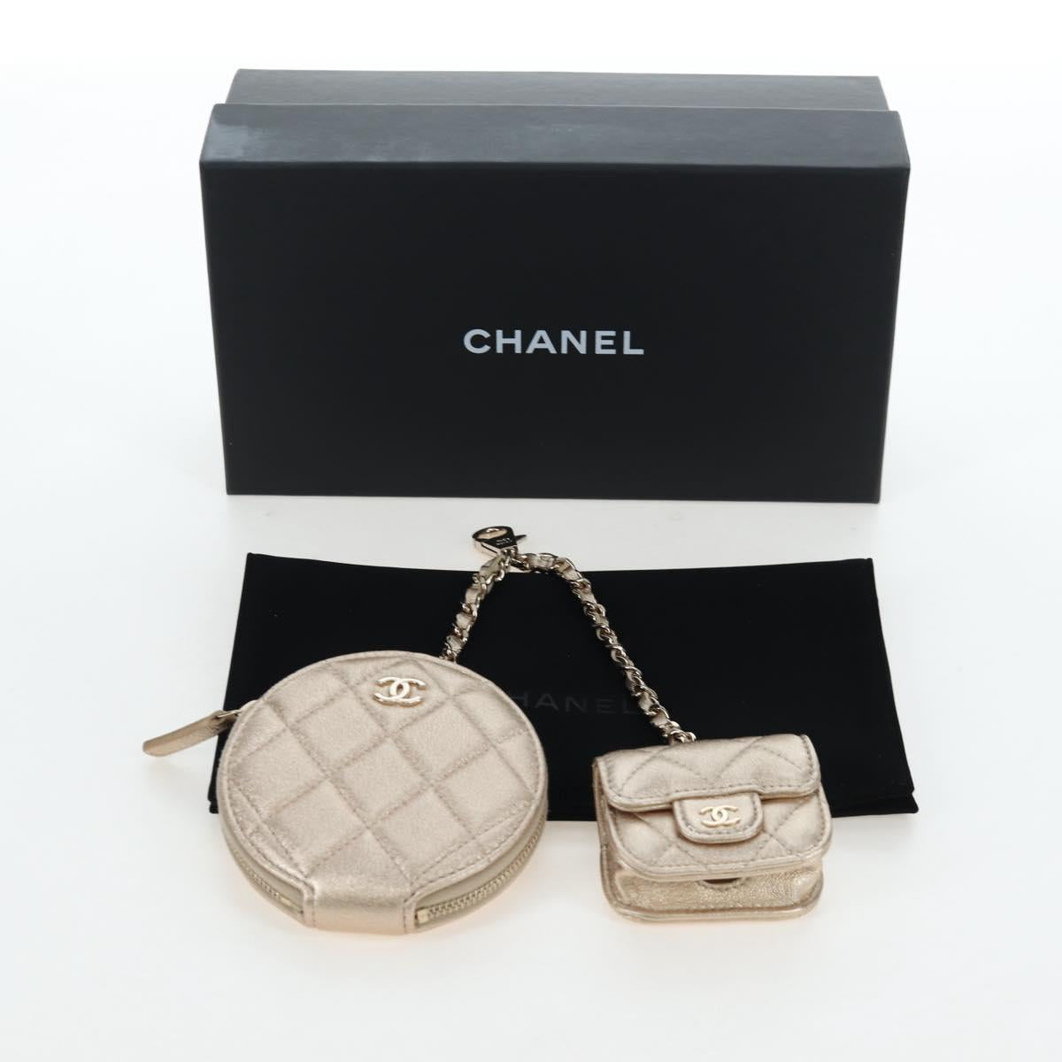CHANEL Matelasse AirPods Case & Coin Purse Lamb Skin Gold CC Auth 196880M