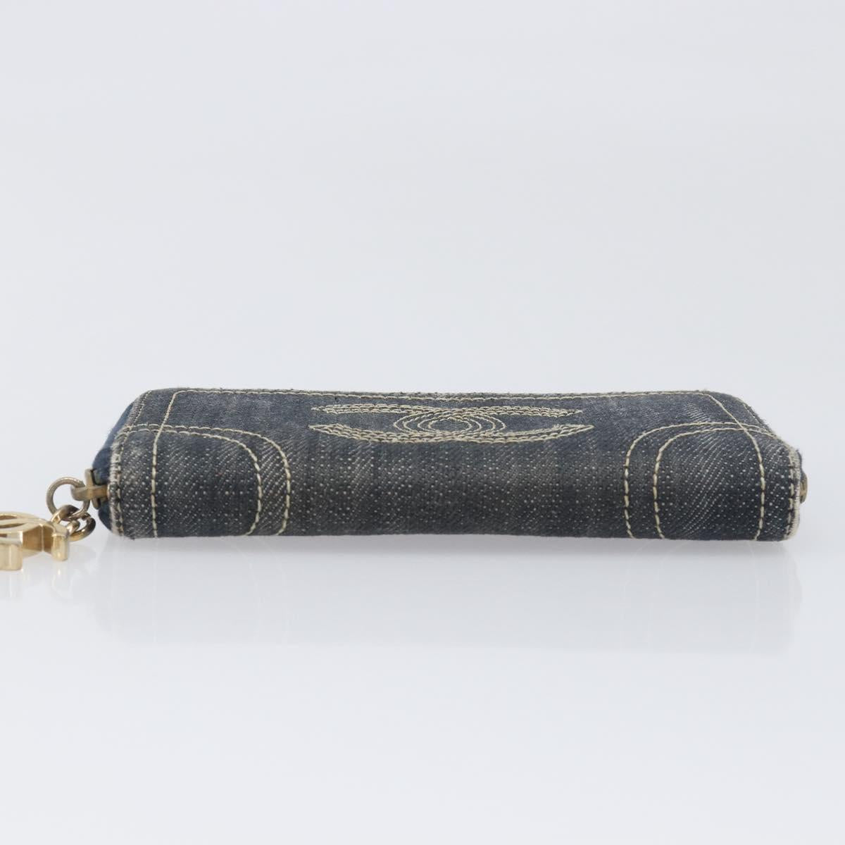 CHANEL COCO Mark Coin Purse Denim Blue Gold CC Auth 196884A