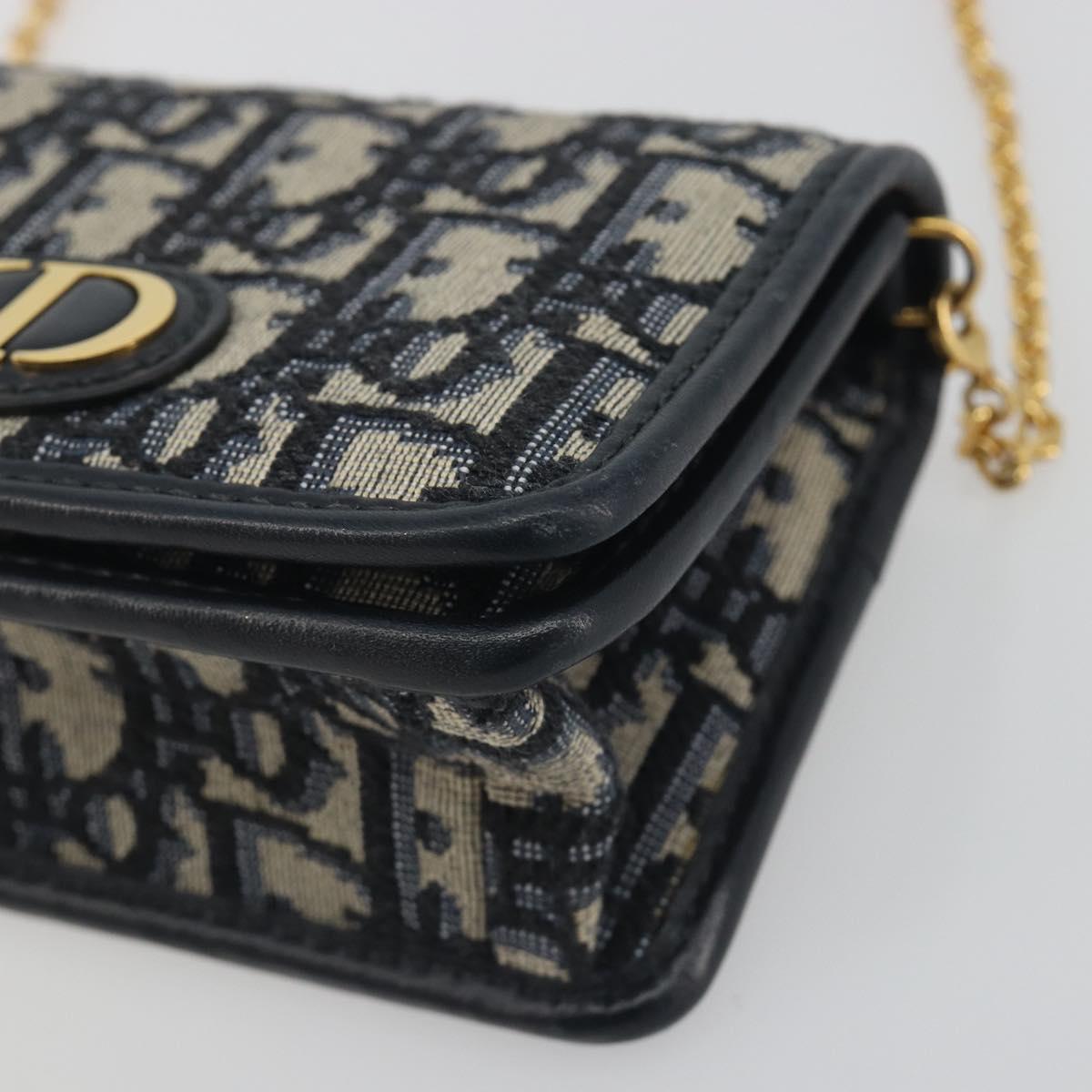 Christian Dior Trotter Canvas Chain Shoulder Bag Navy Gold Auth 196933M