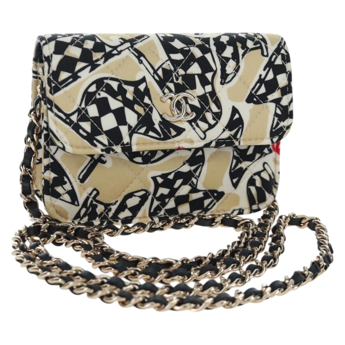 CHANEL Mini Matelasse Chain Shoulder Pouch Satin Beige Silver CC Auth 196975M