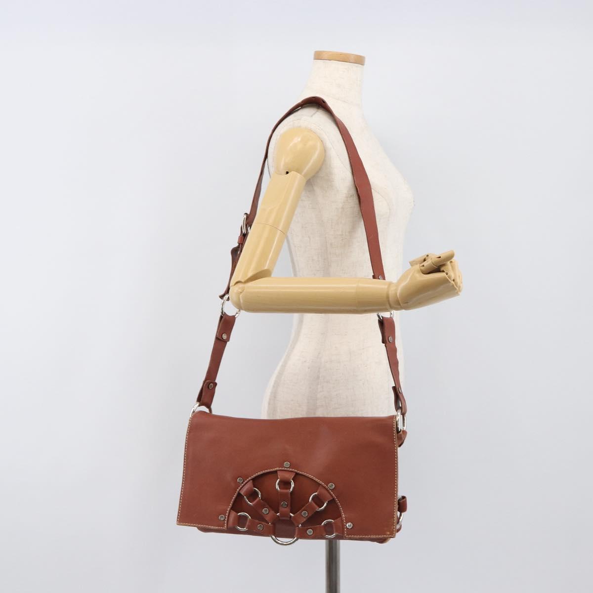 CELINE Shoulder Bag Leather Brown Silver Auth 196983