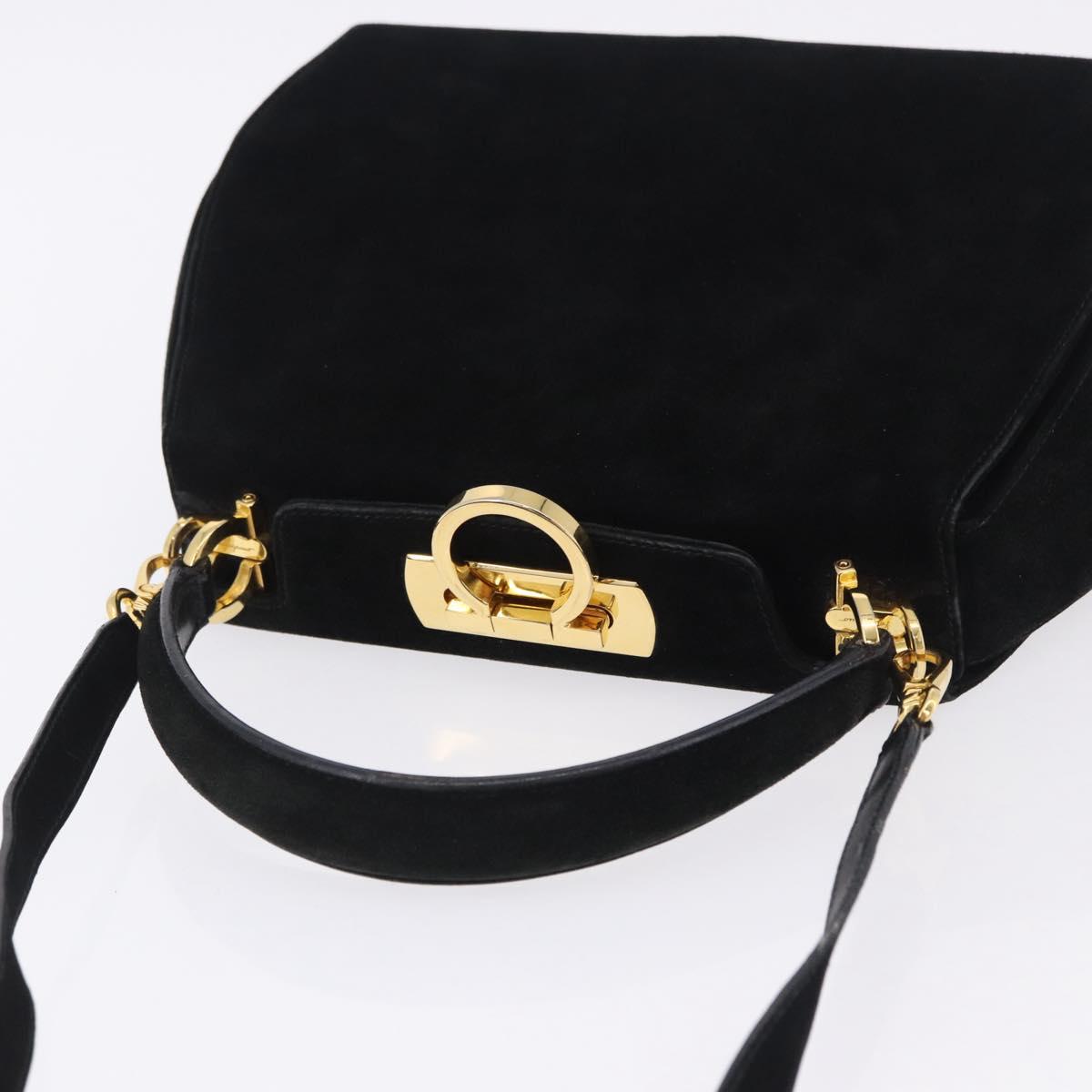 Salvatore Ferragamo Gancini Shoulder Bag Suede 2way Black Gold Auth 196987