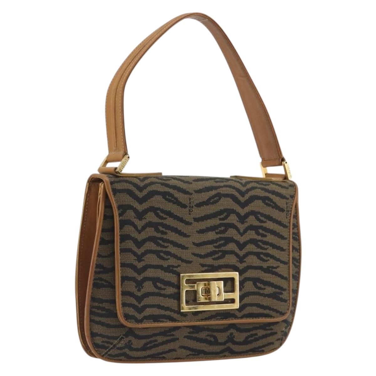 FENDI Hand Bag Canvas Gold Black Auth 197005