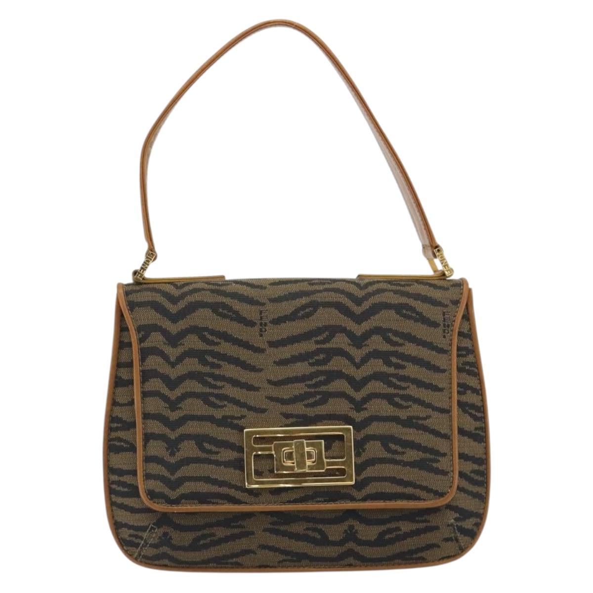 FENDI Hand Bag Canvas Gold Black Auth 197005